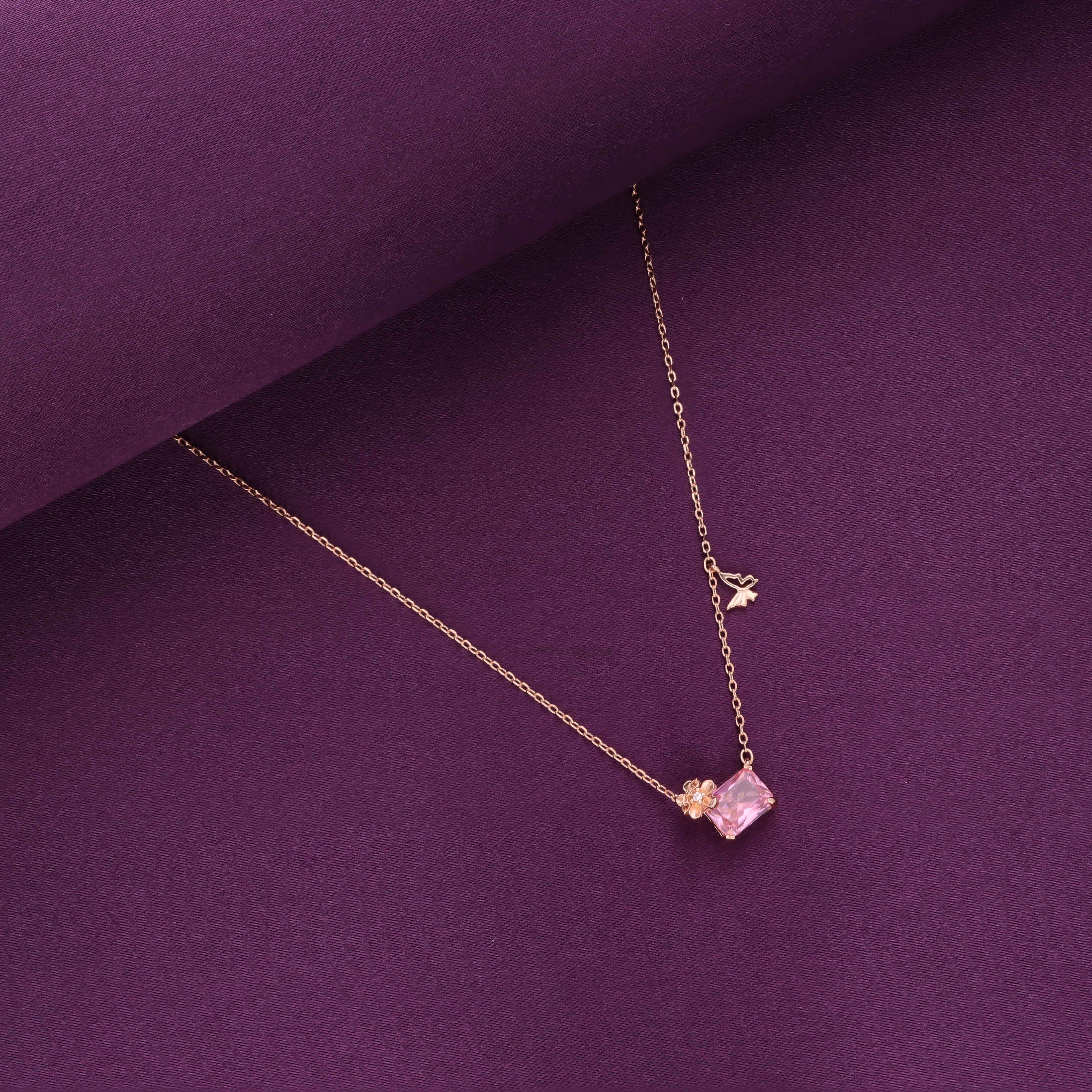 Sterling Silver Pink Emerald Cut Floral Necklace - Image 3