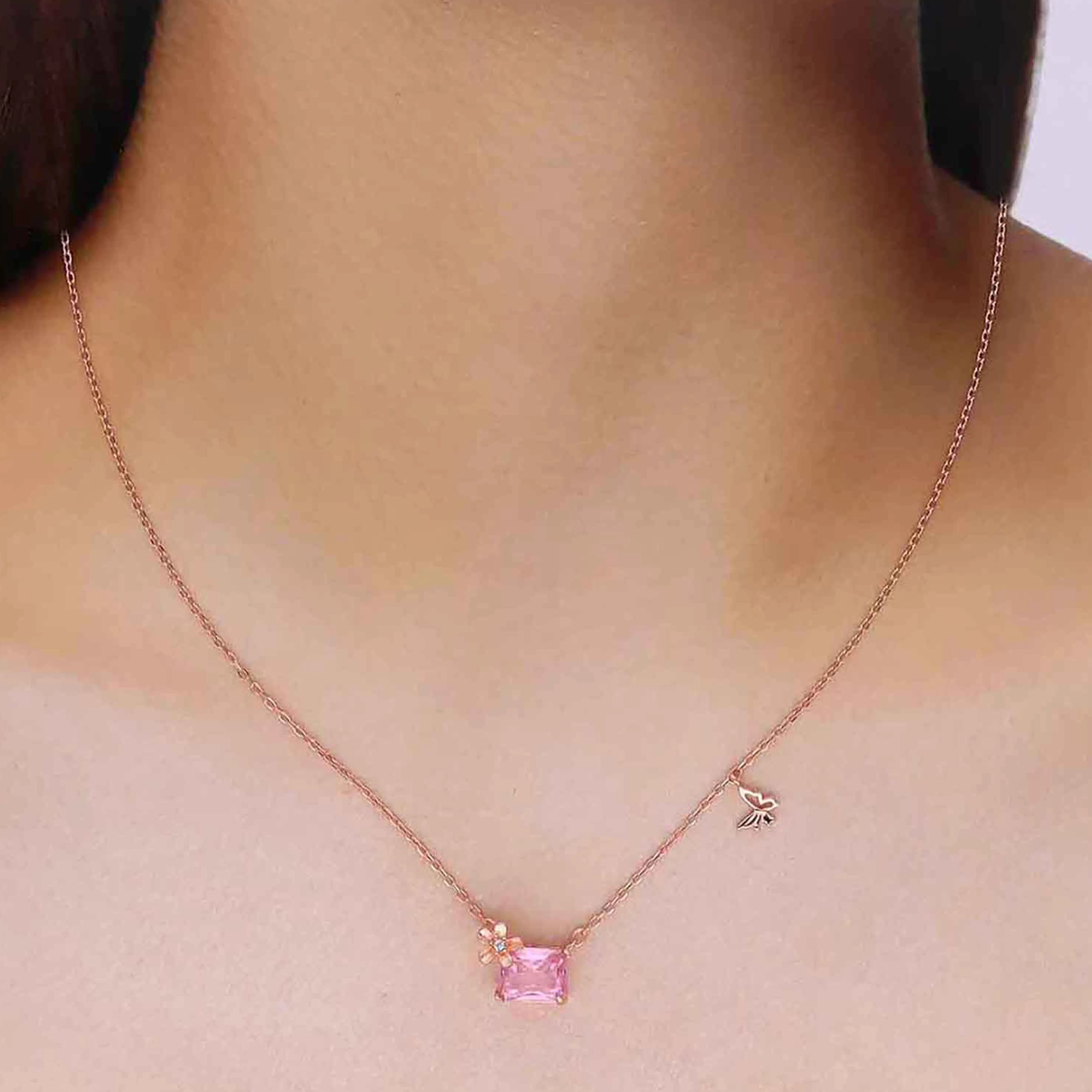 Sterling Silver Pink Emerald Cut Floral Necklace - Image 5