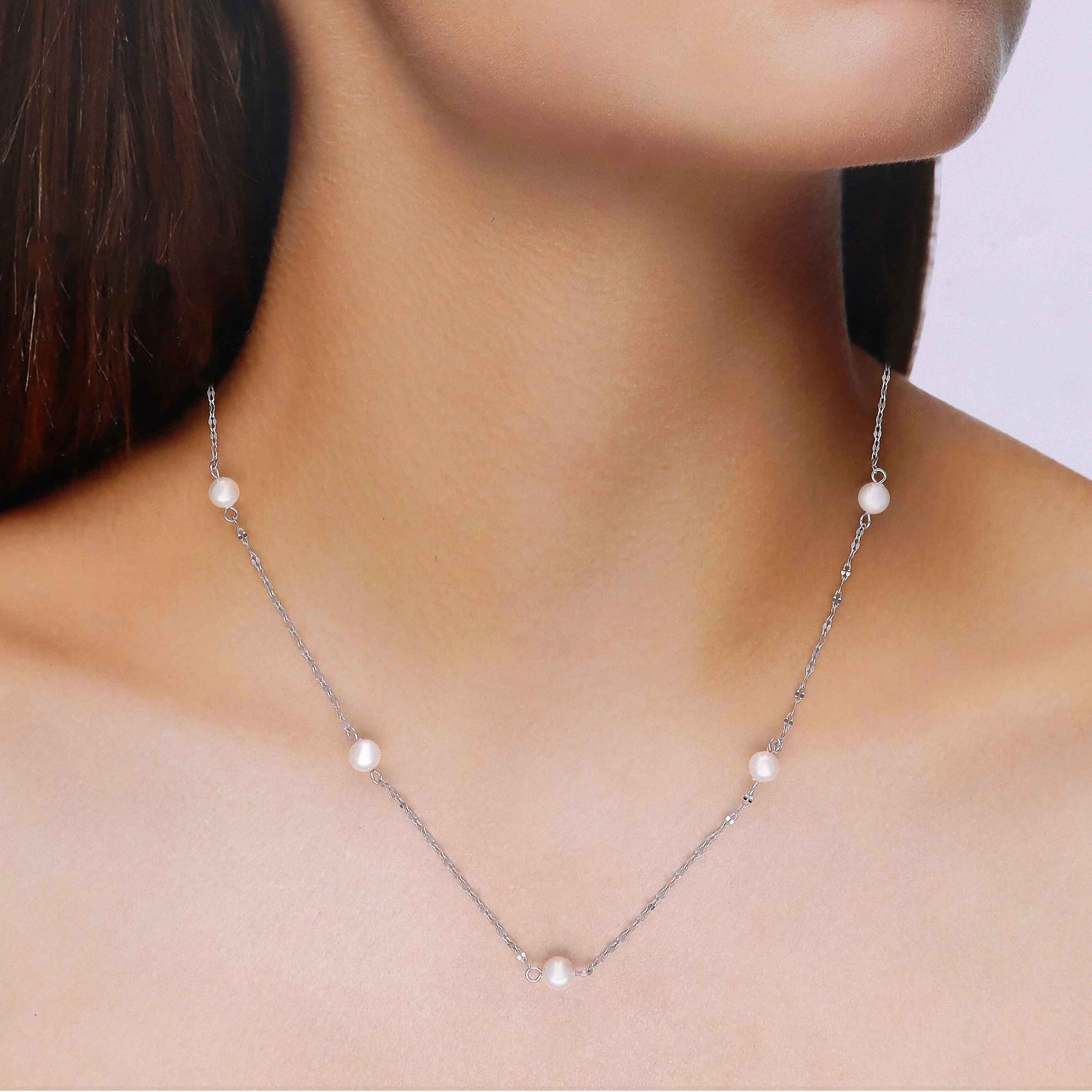 Sterling Silver Simple Pearl Link Chain Necklace - Image 3