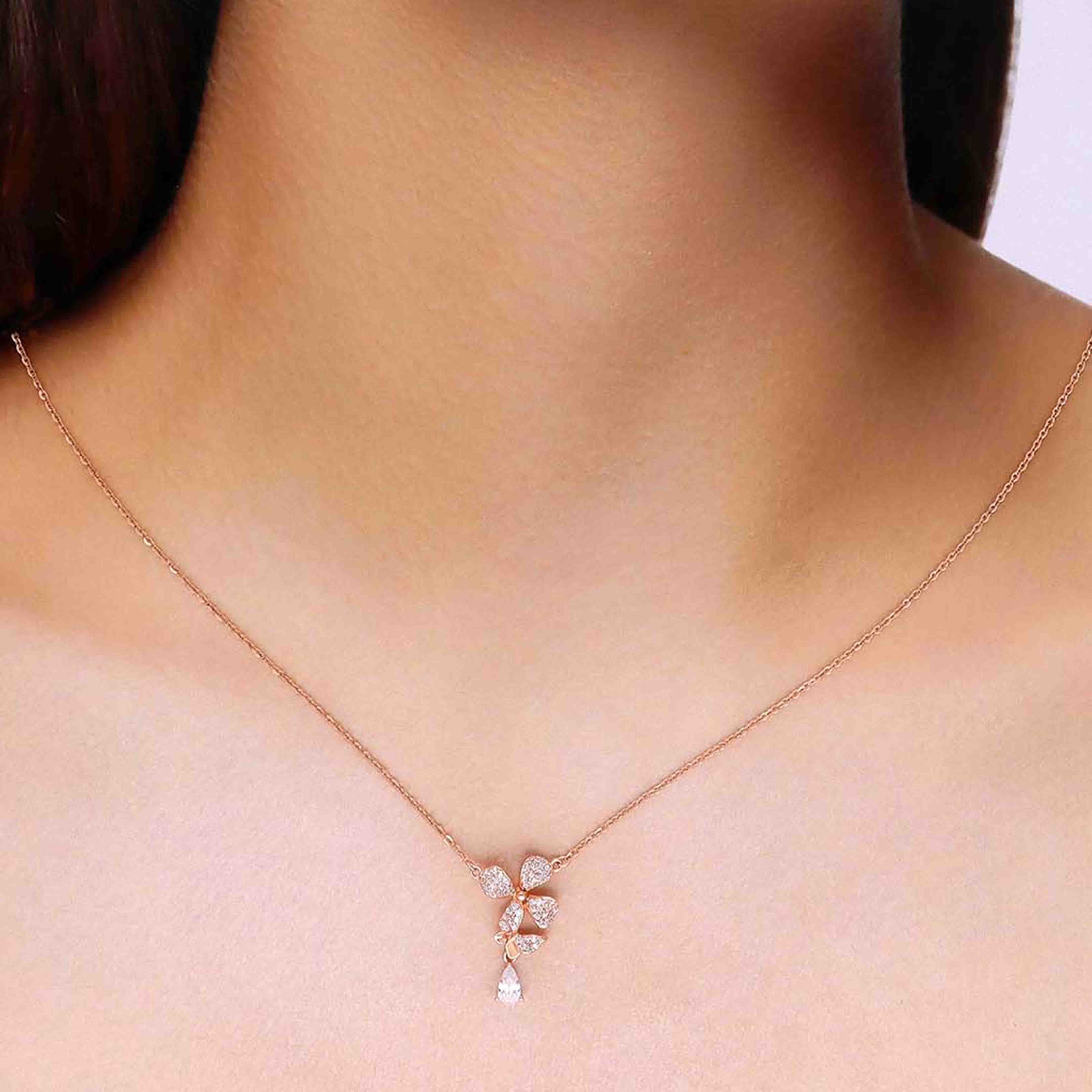 Sterling Silver Rose Gold Floral Butterfly Necklace - Image 3