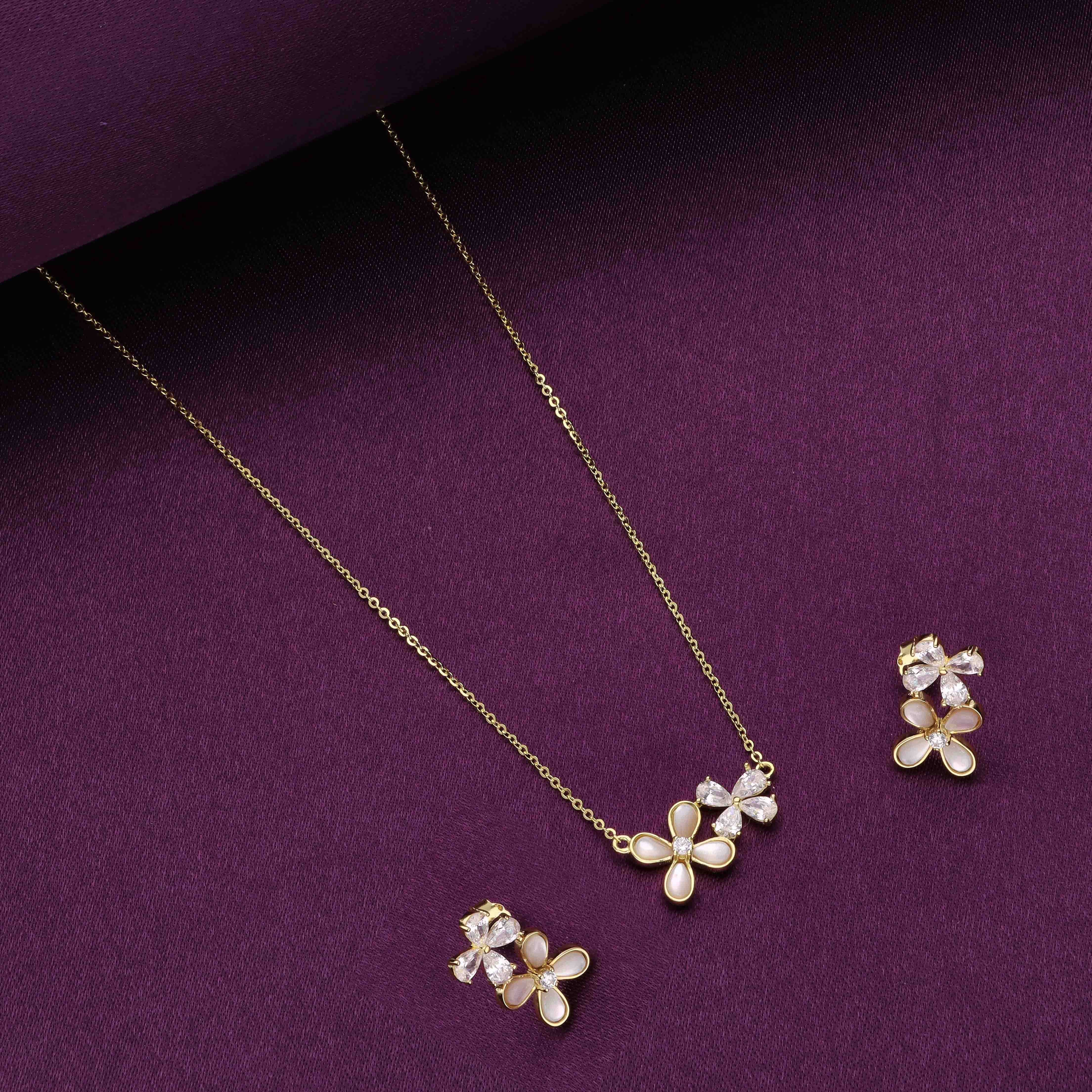 Sterling Silver Moon Stone Floral Necklace with Earring - Image 2