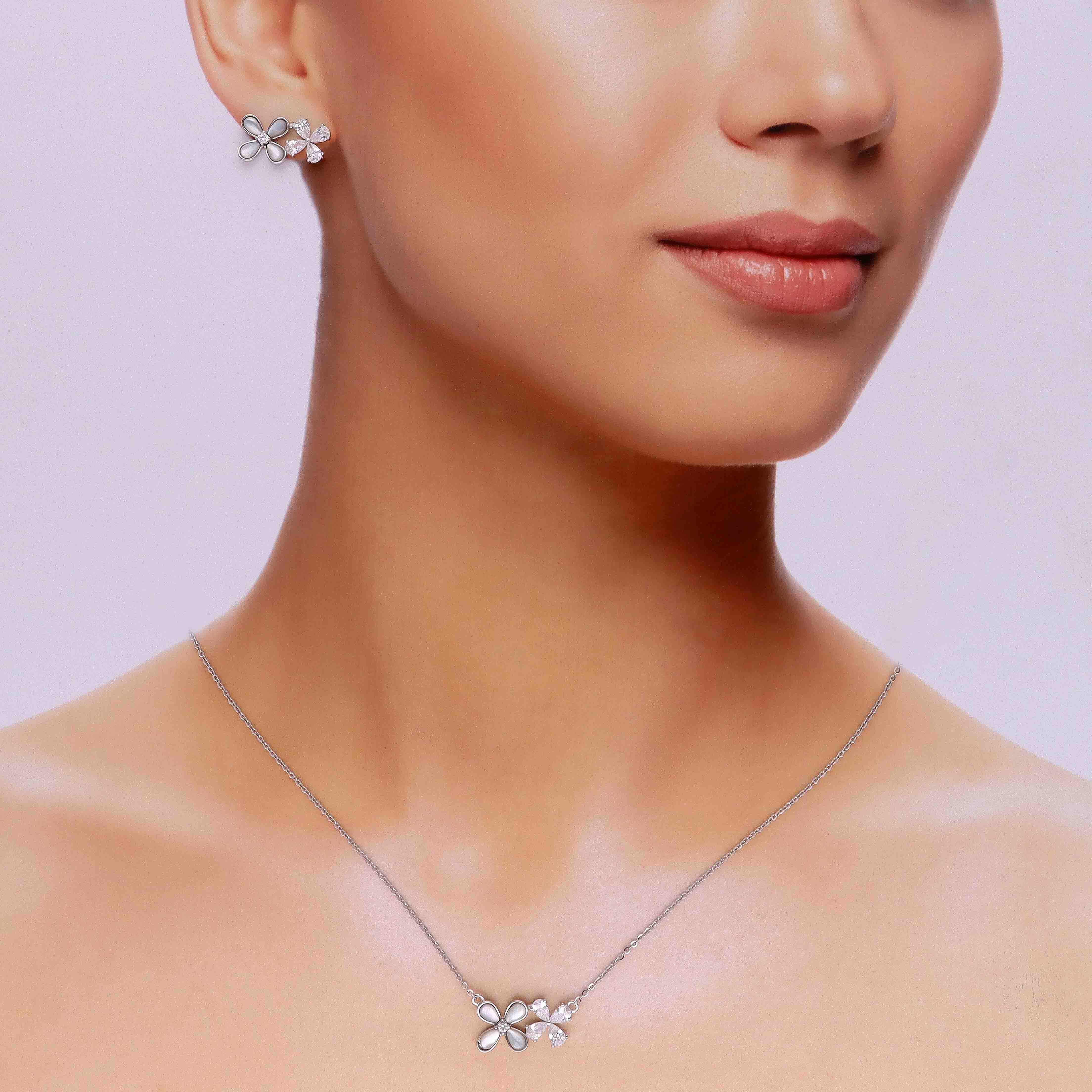 Sterling Silver Moon Stone Floral Necklace with Earring - Image 3