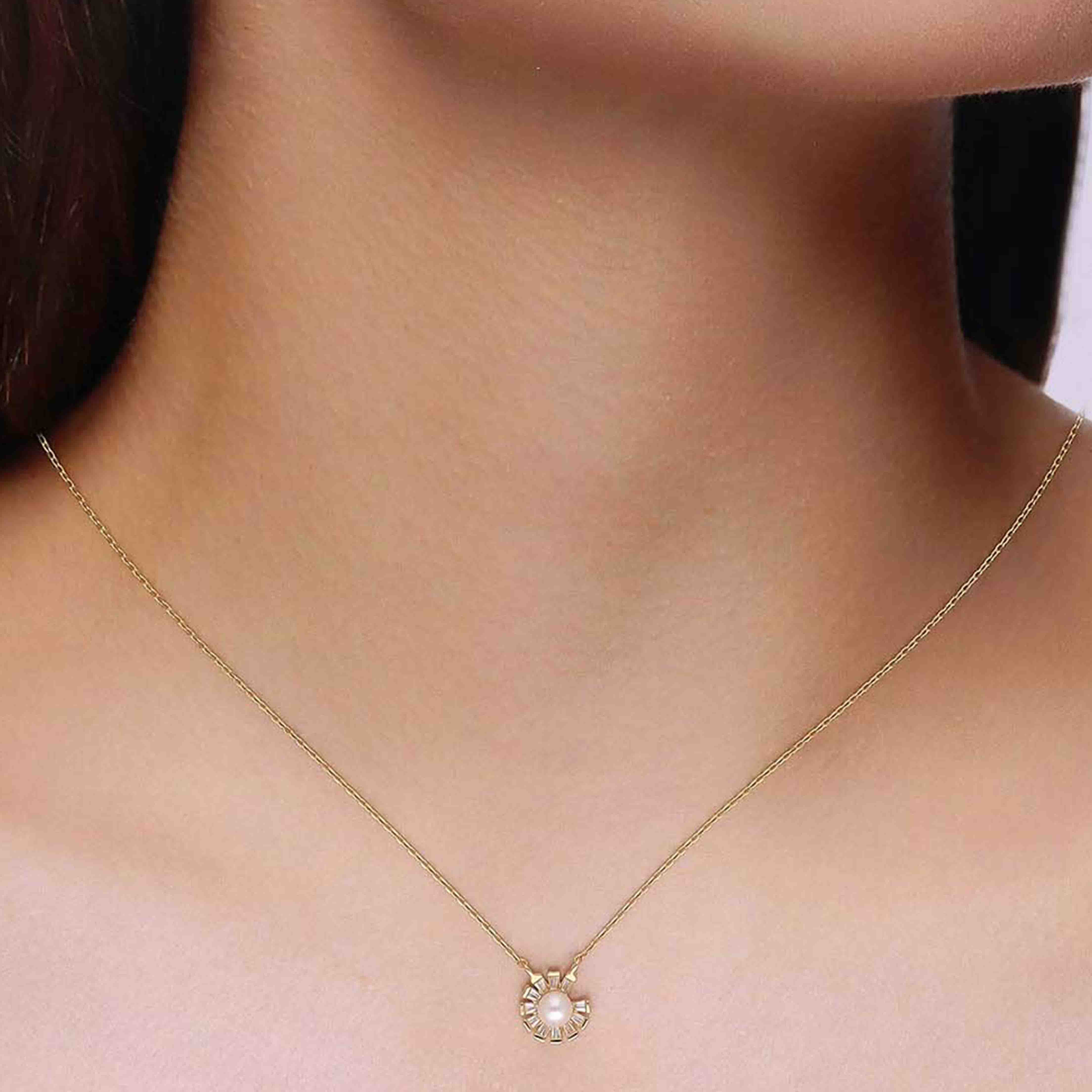 Sterling White Baguette Studded Pearl Necklace - Image 2