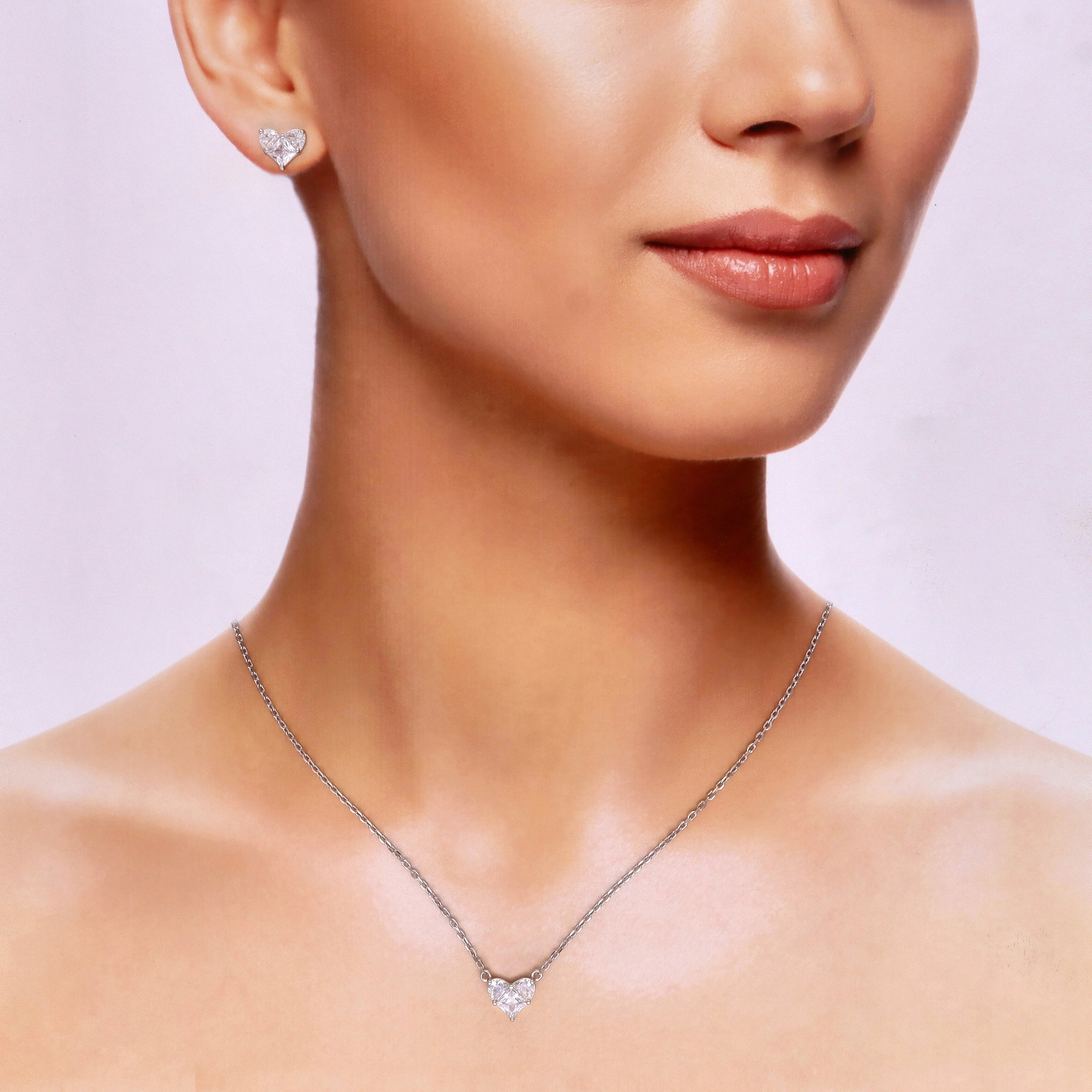 Silver Heart Necklace & Stud Earrings Set - Image 3