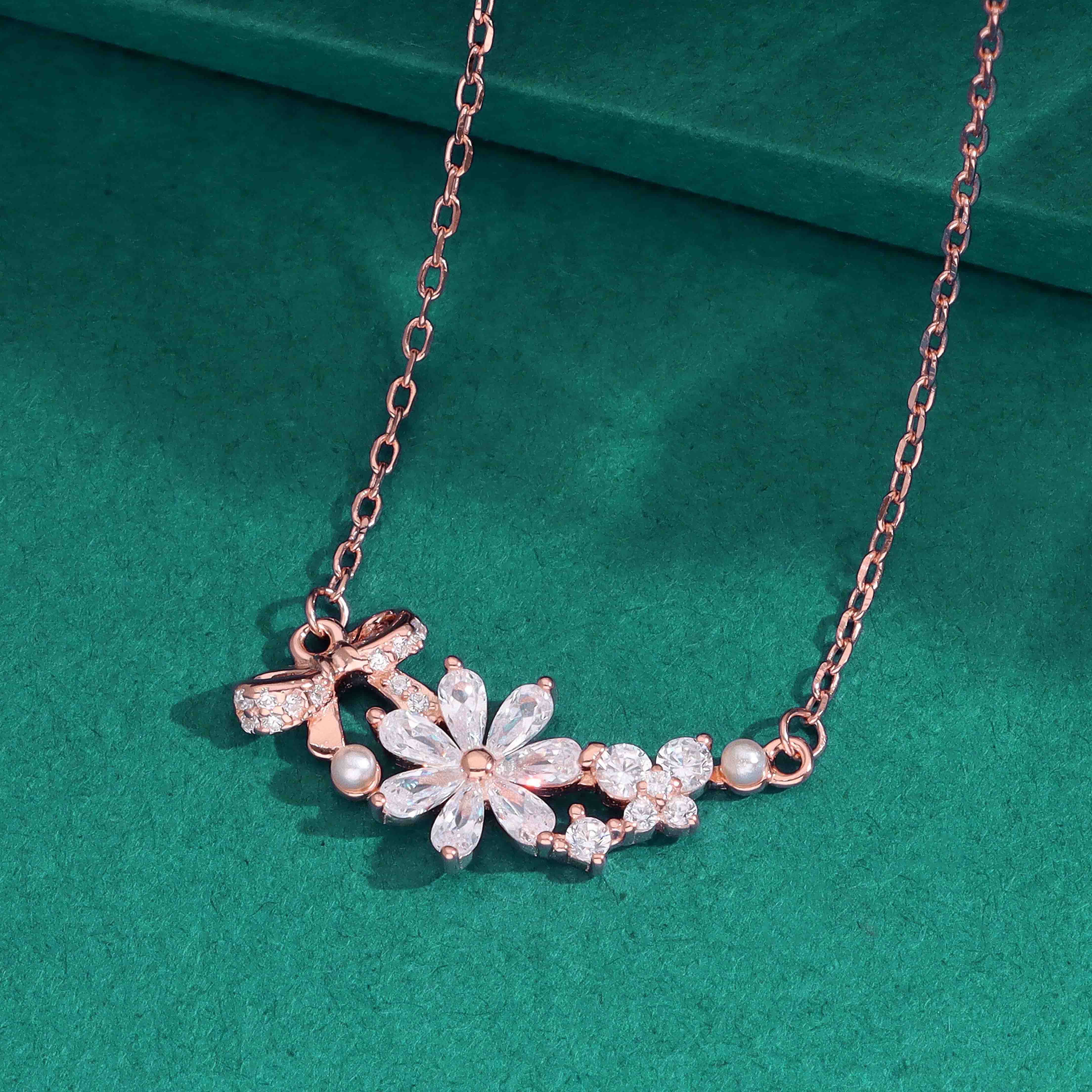 Elegant Floral Crystal with Pearl Accents Pendant Necklace - Image 2