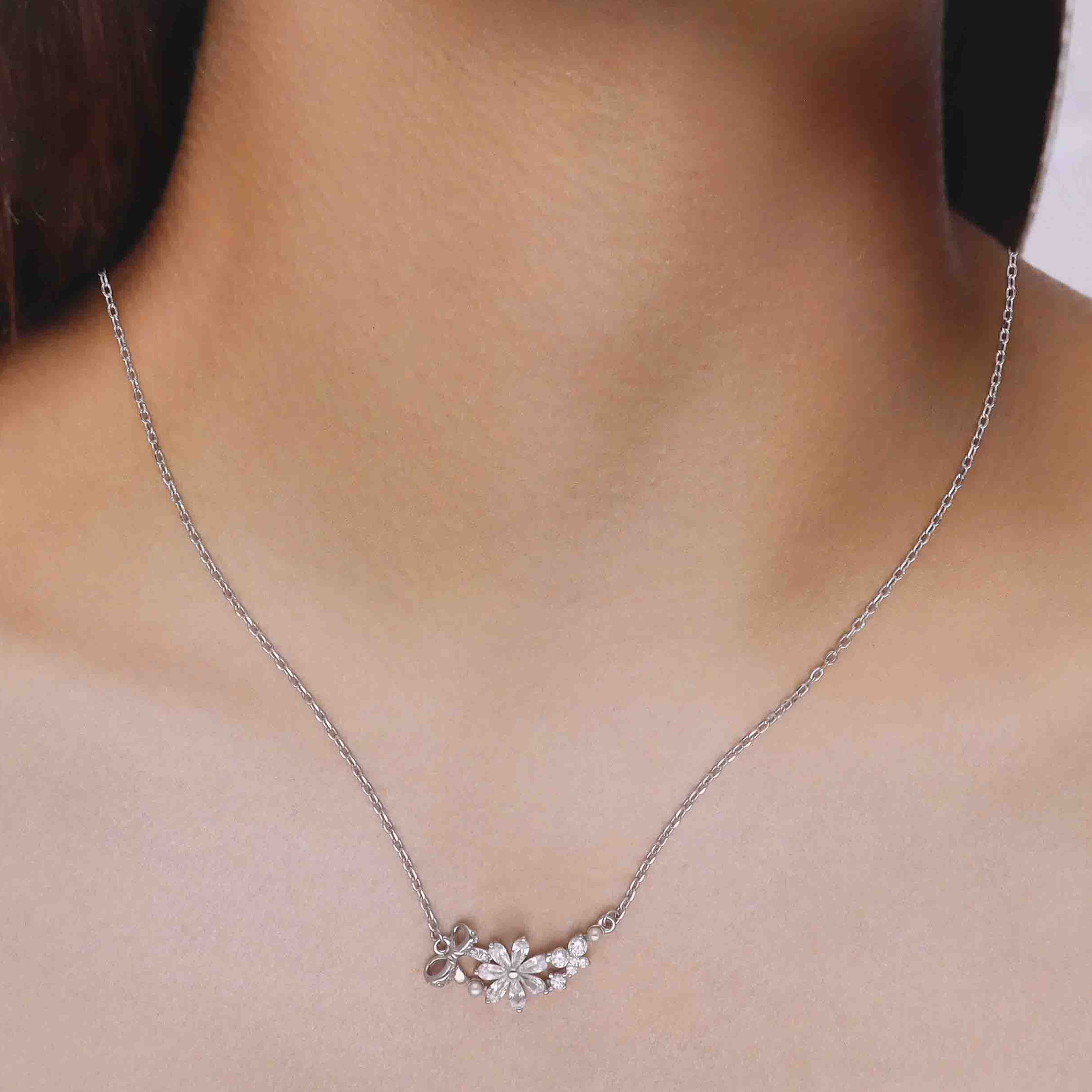 Elegant Floral Crystal with Pearl Accents Pendant Necklace - Image 3