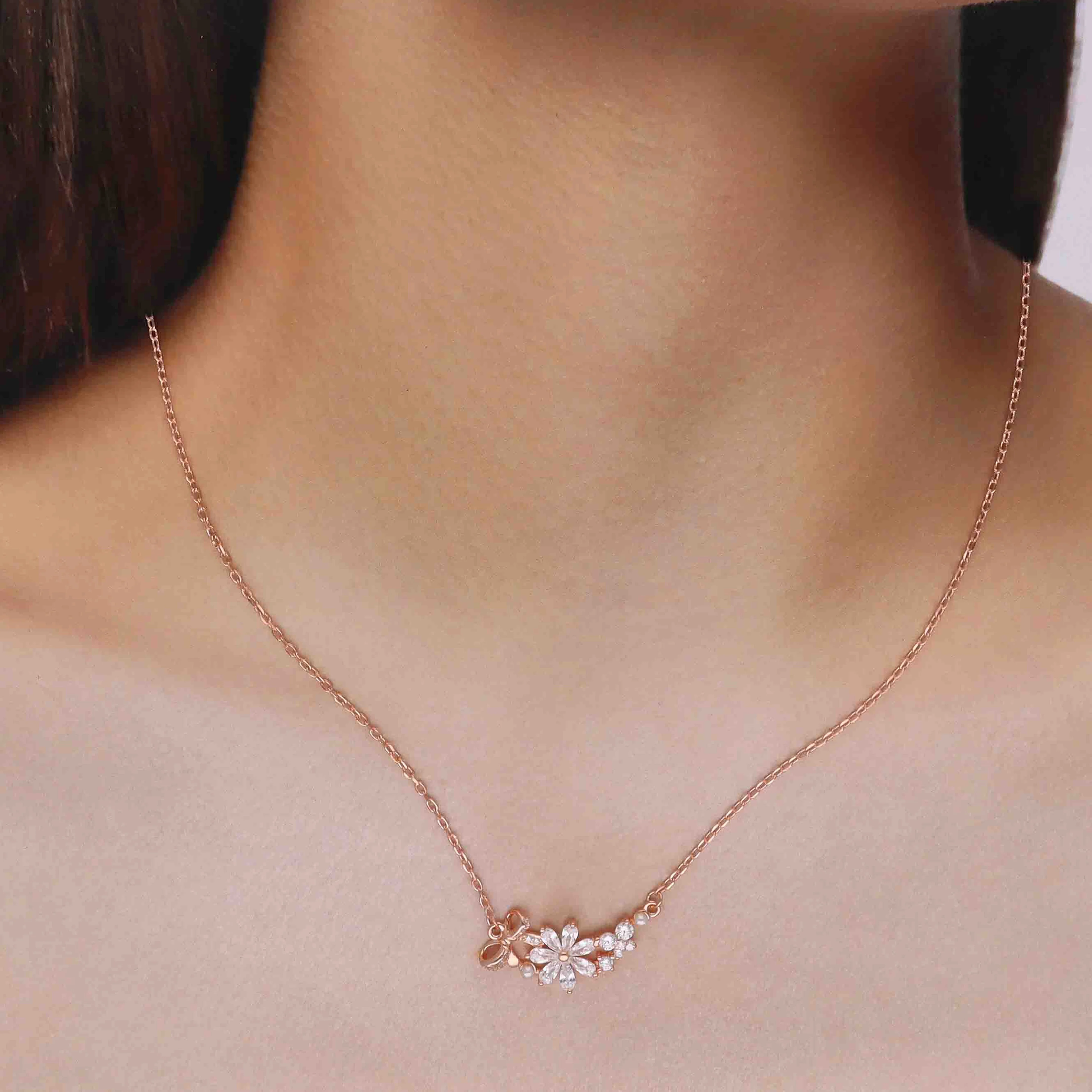 Elegant Floral Crystal with Pearl Accents Pendant Necklace - Image 4