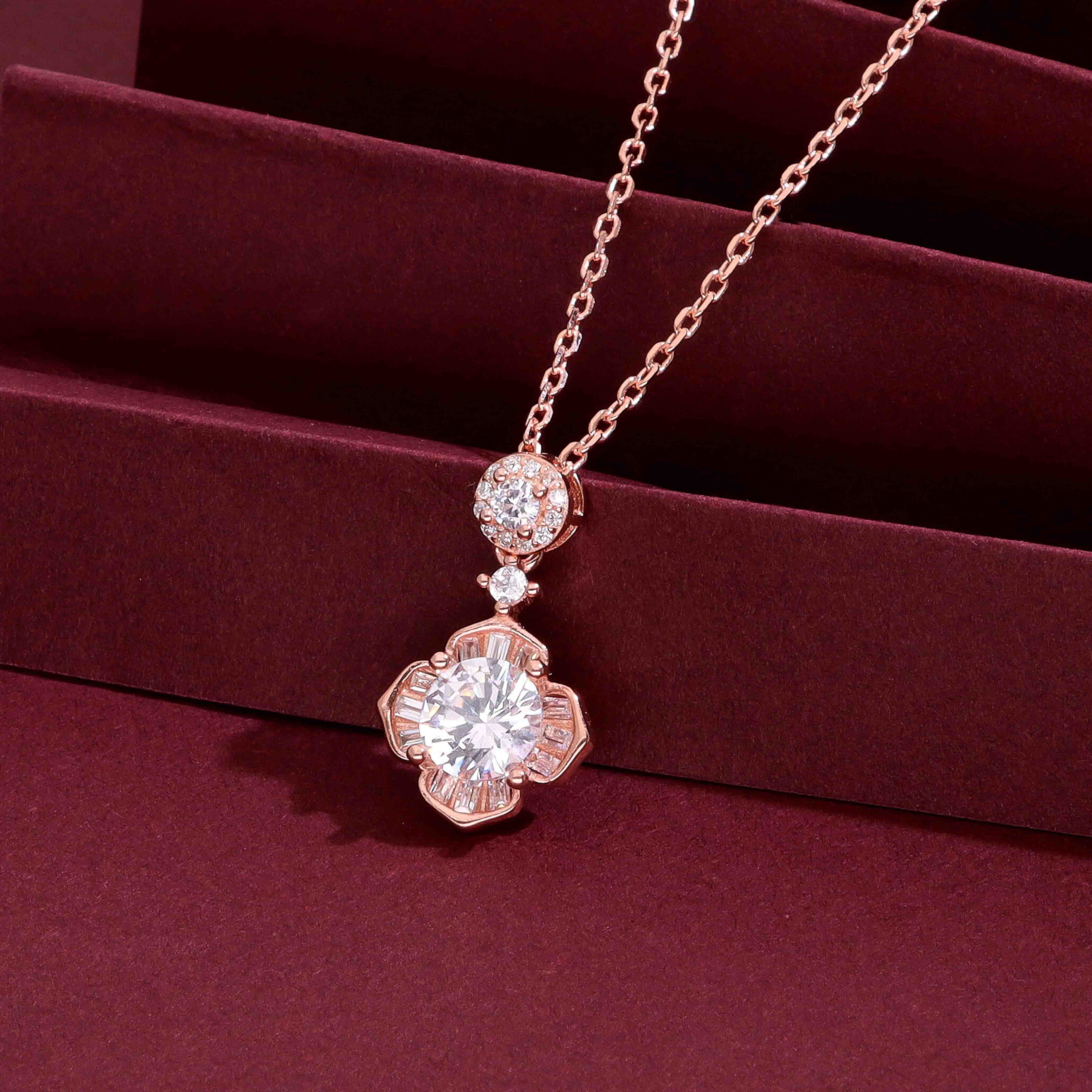 Sparkling Silver Floral Pendant with Round and Baguette Necklace - Image 2