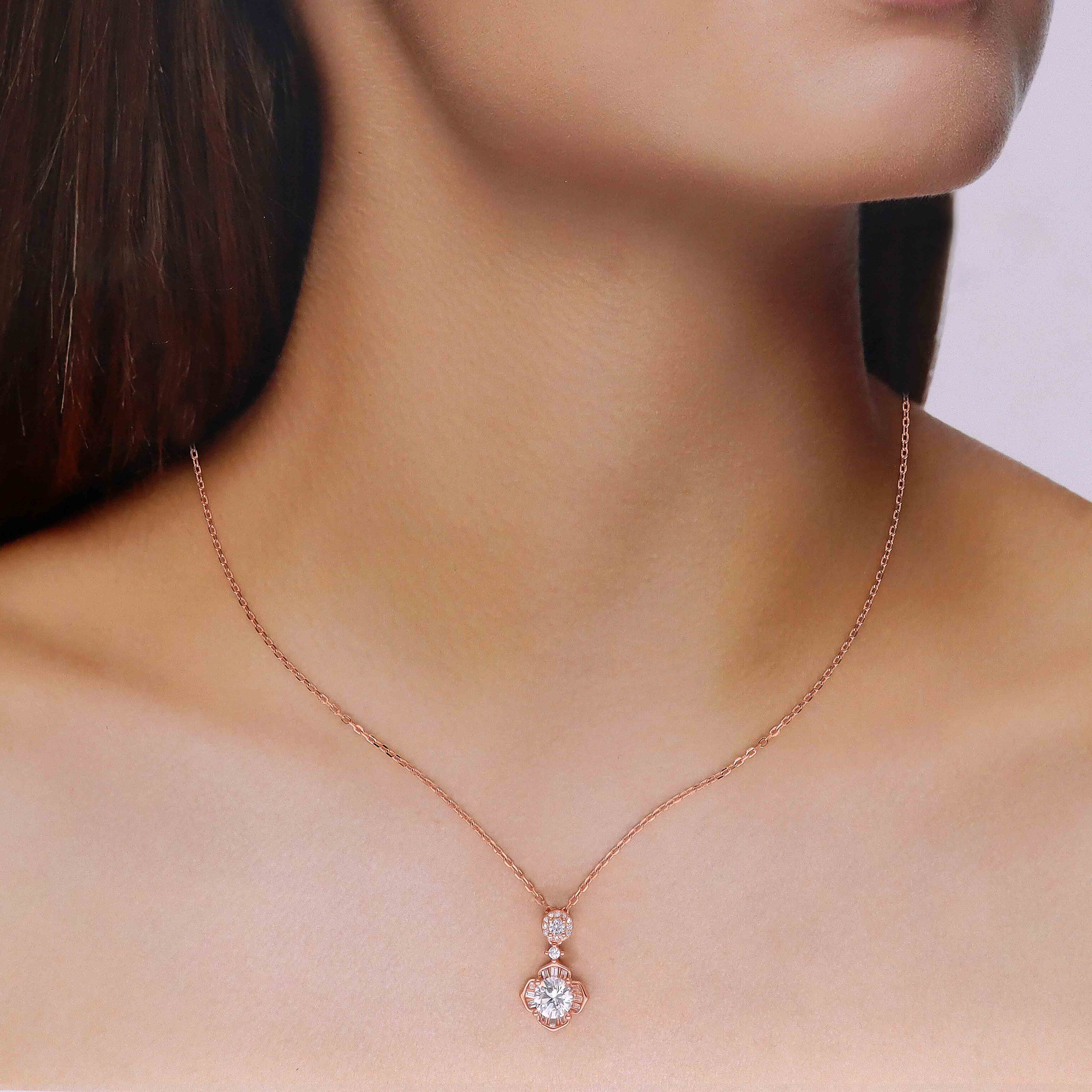 Sparkling Silver Floral Pendant with Round and Baguette Necklace - Image 4