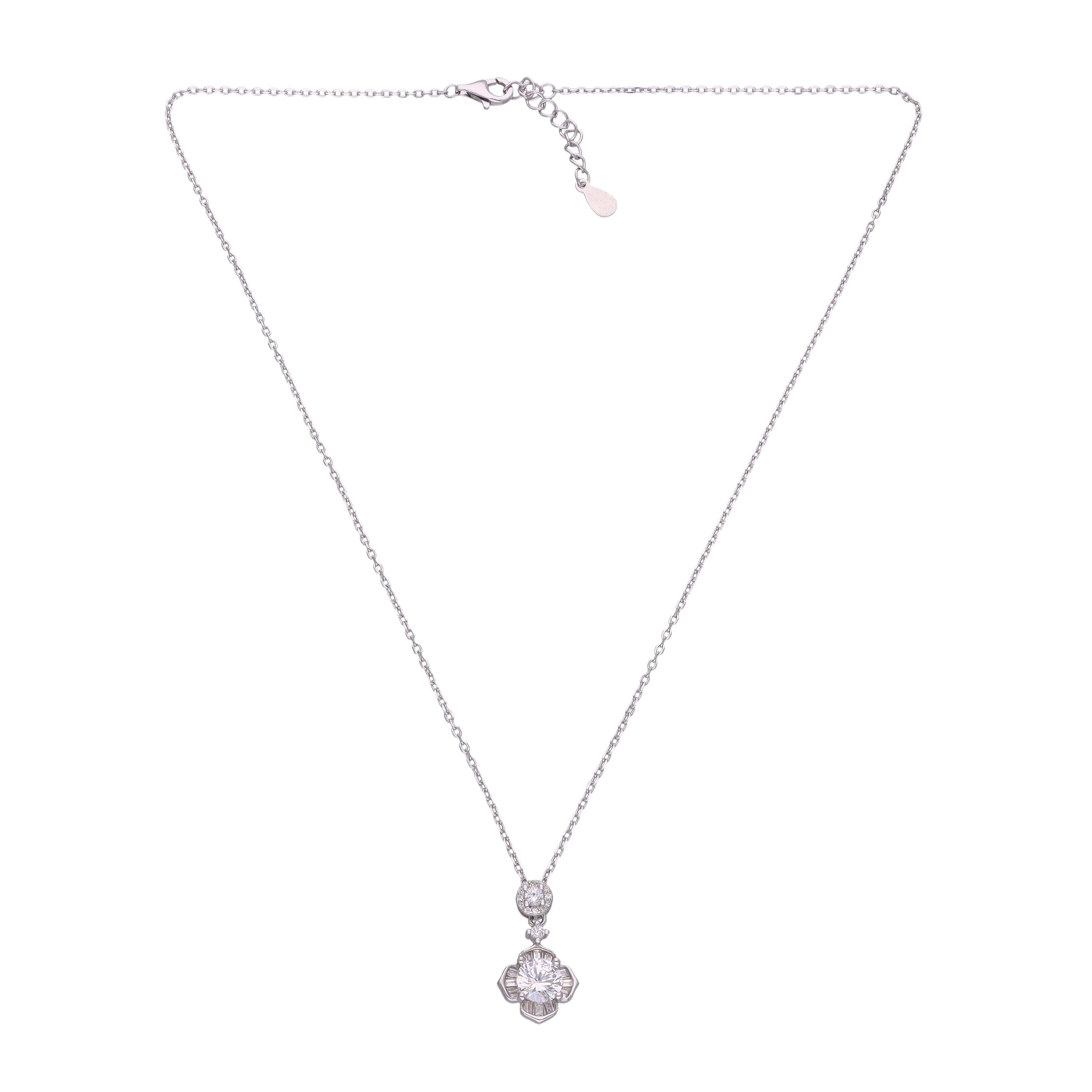 Sparkling Silver Floral Pendant with Round and Baguette Necklace - Image 5