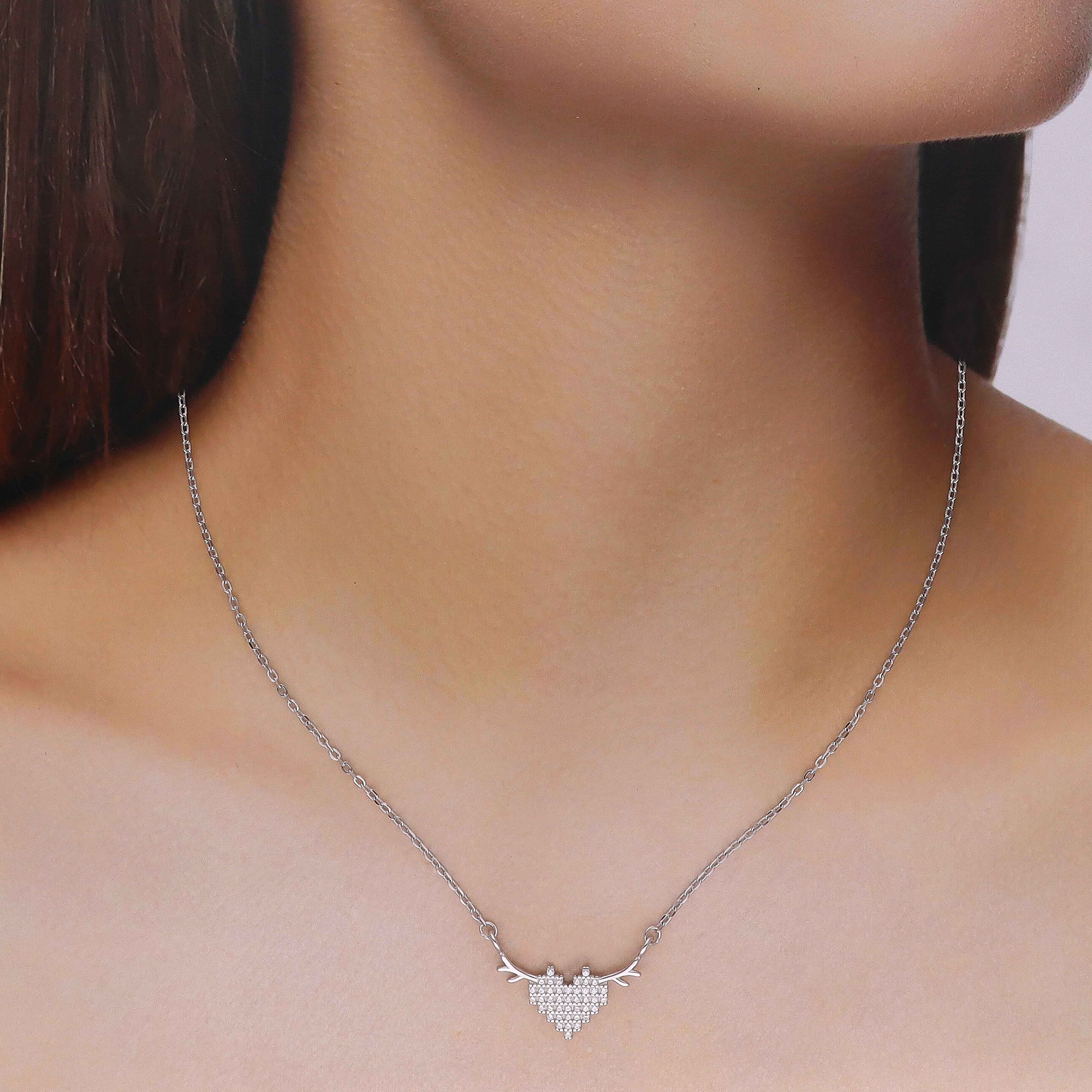 Crystal Heart with Elegant Antler Silver Necklace - Image 3