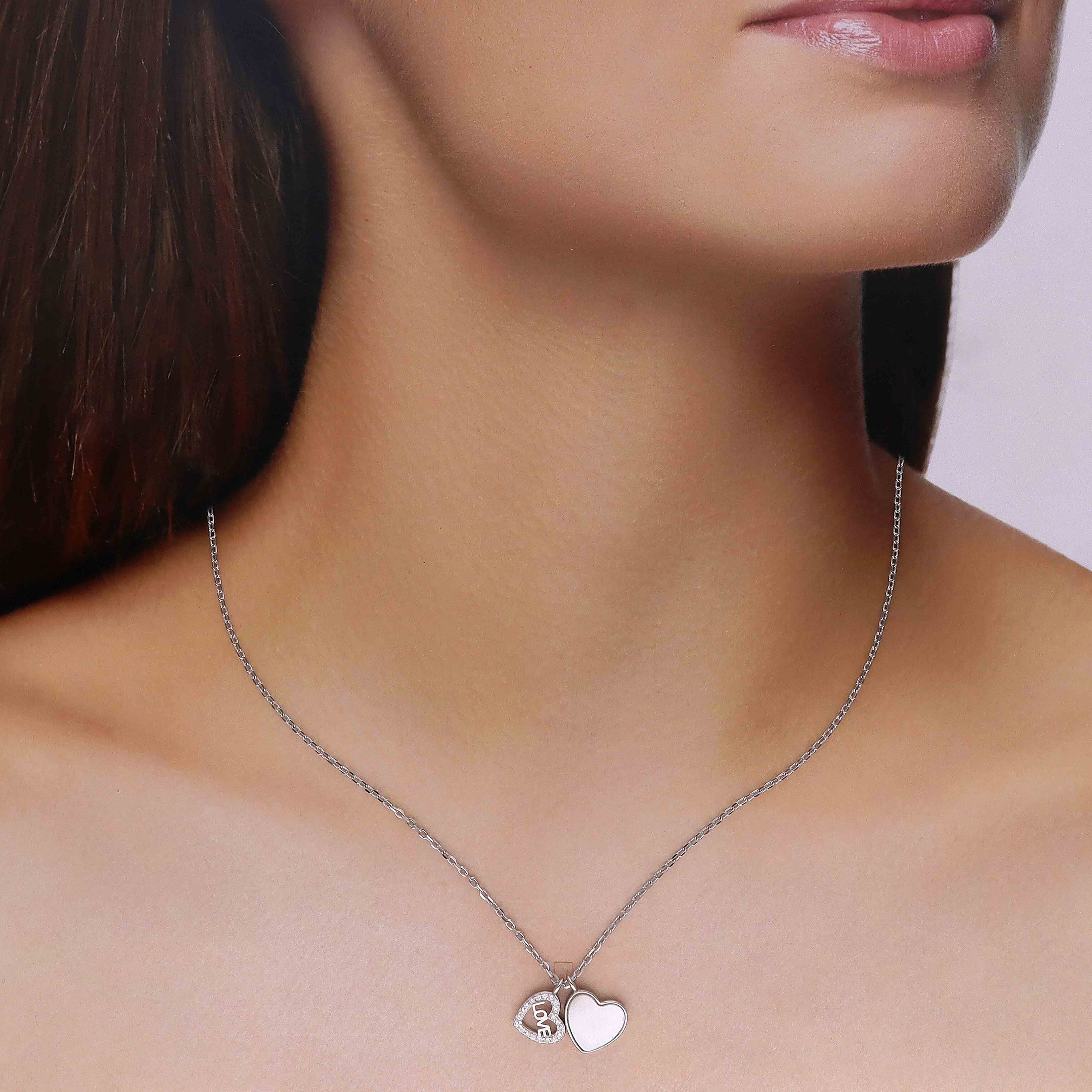 Silver-Tone Double Heart LOVE Pendant Necklace - Image 3