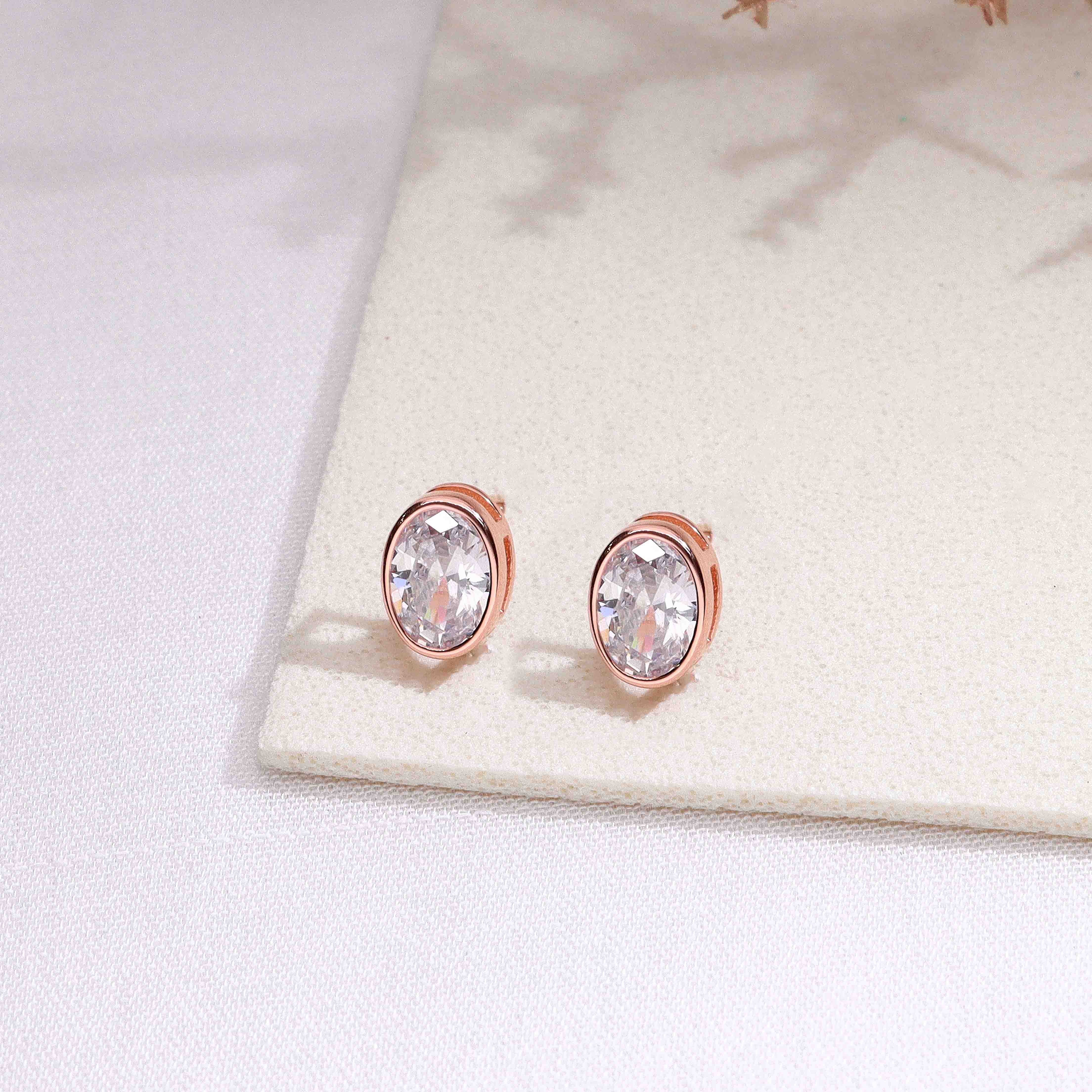 Crystals Oval Casual Silver Studs Earrings - Image 2