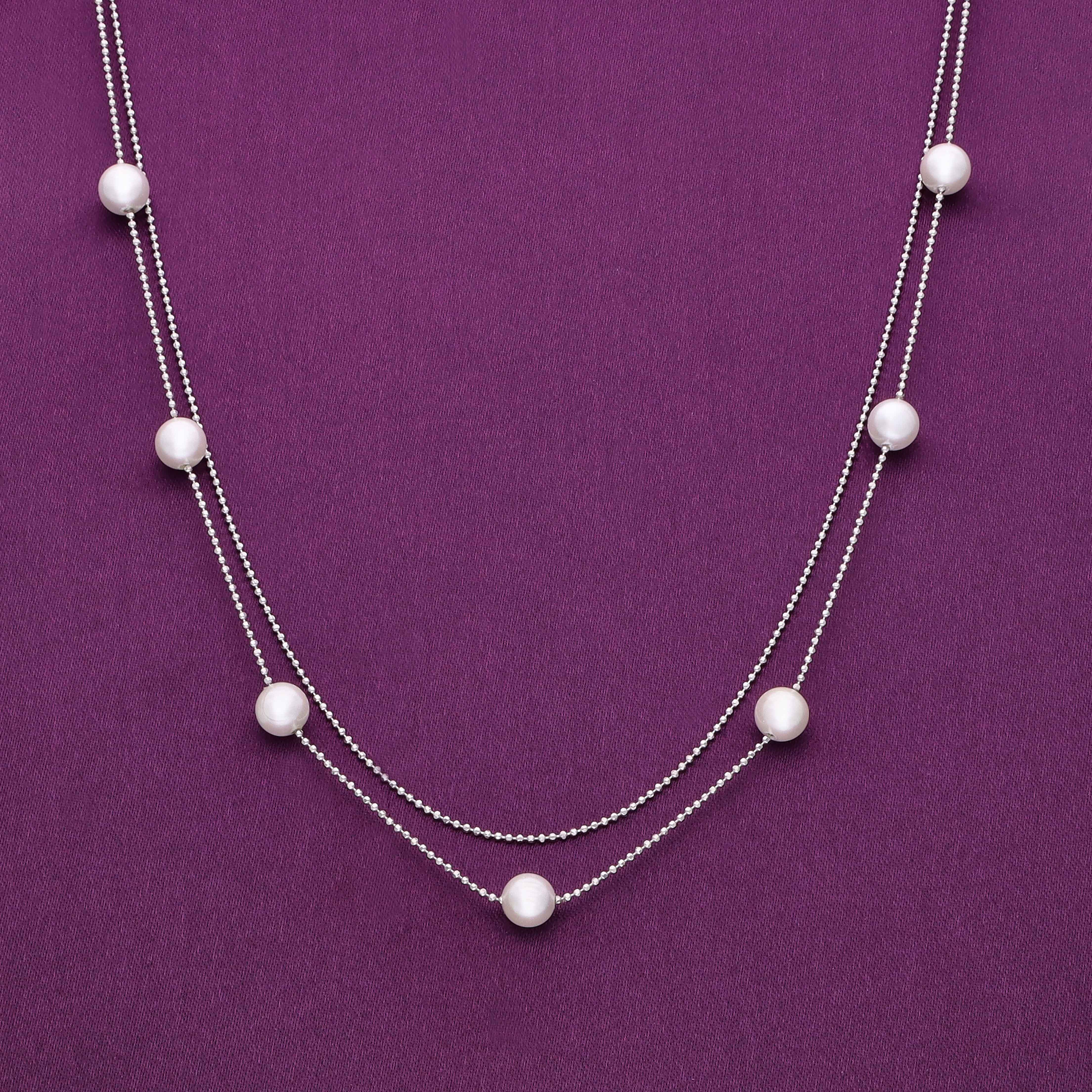 Double Dazzle Pearl Silver Chain Necklace - Image 3