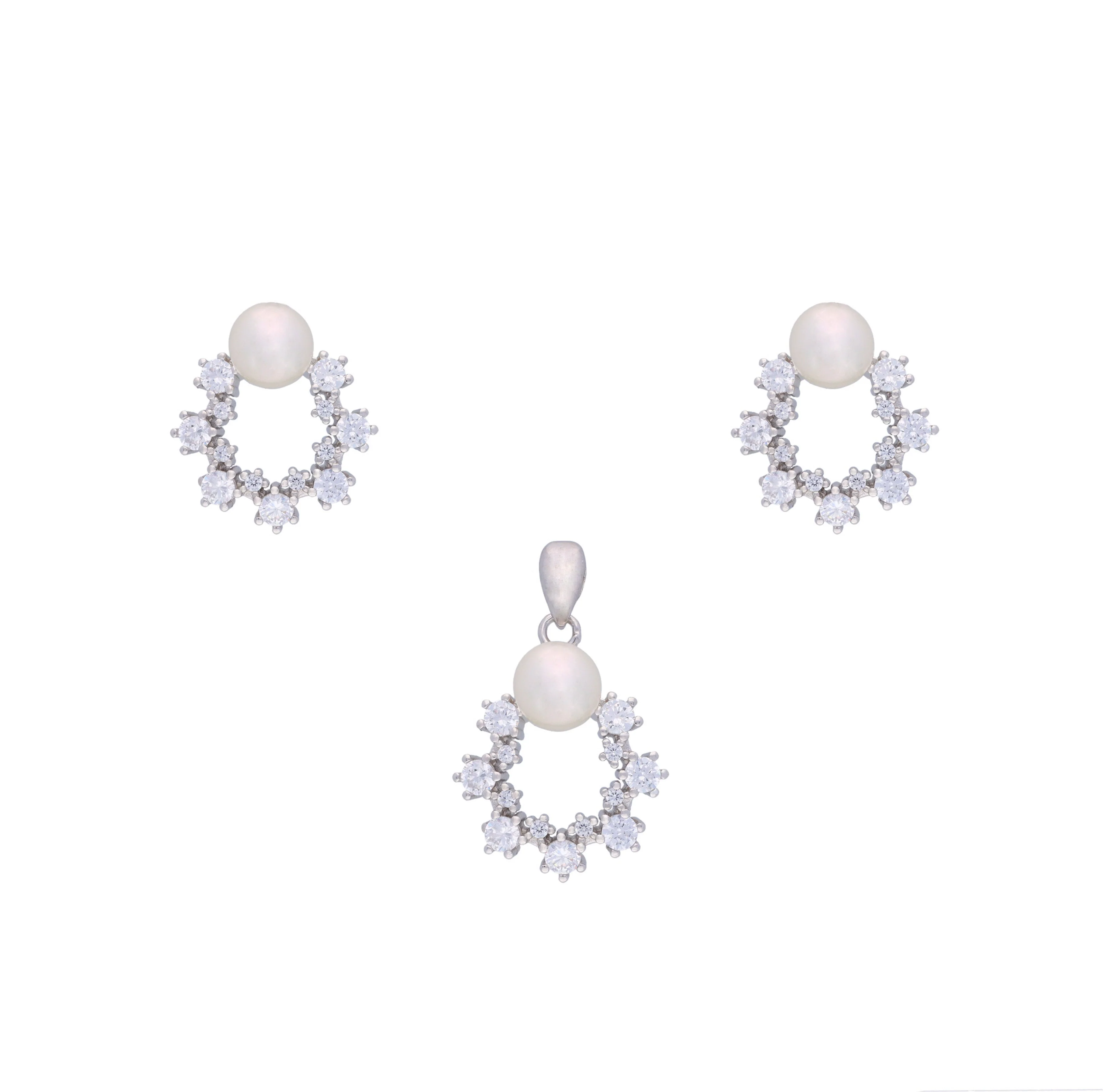 Zircon Crown Pearl Silver Pendant & Earrings Set - Image 3