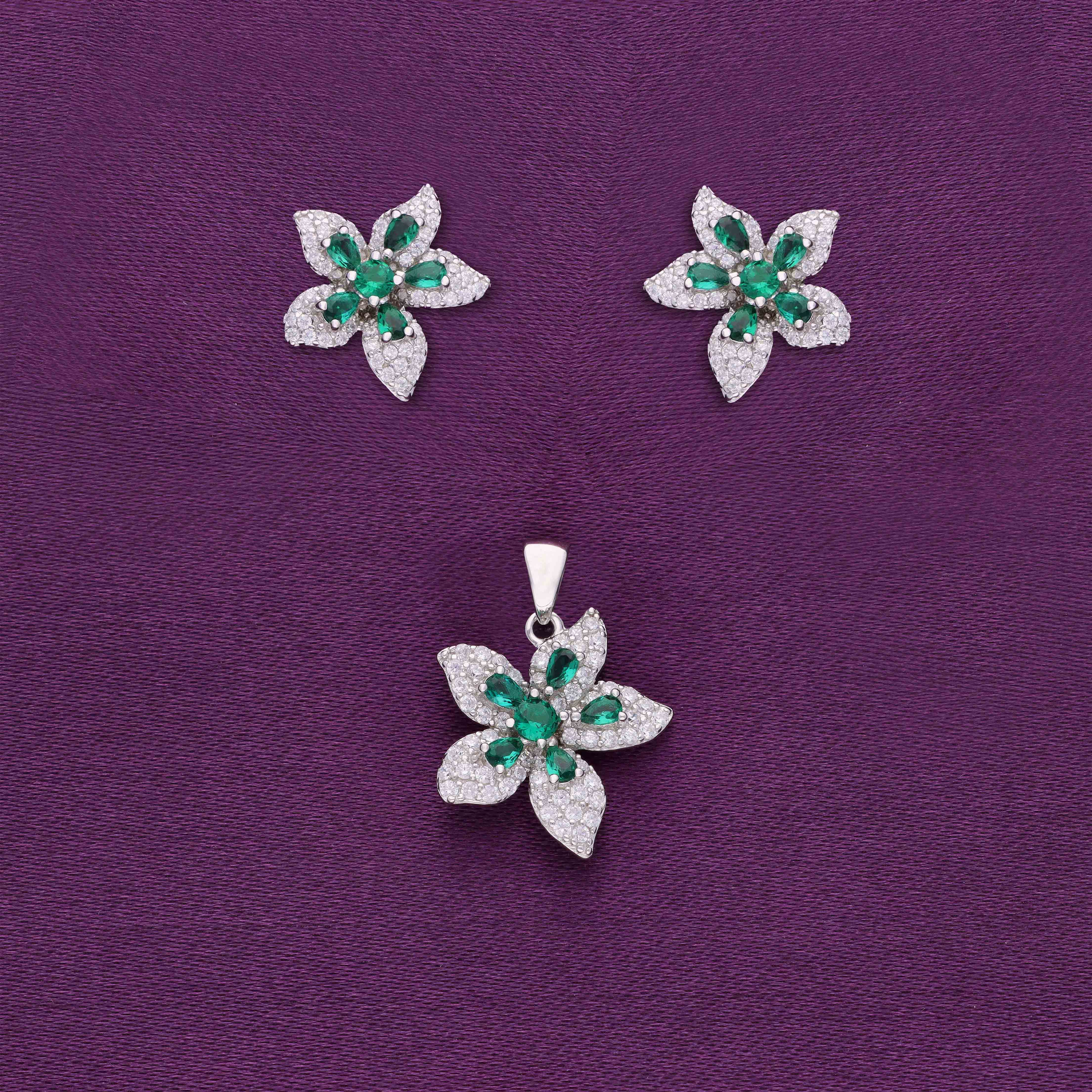 Shimmering Blossoms Zircon Silver Pendant & Earrings Set - Image 2