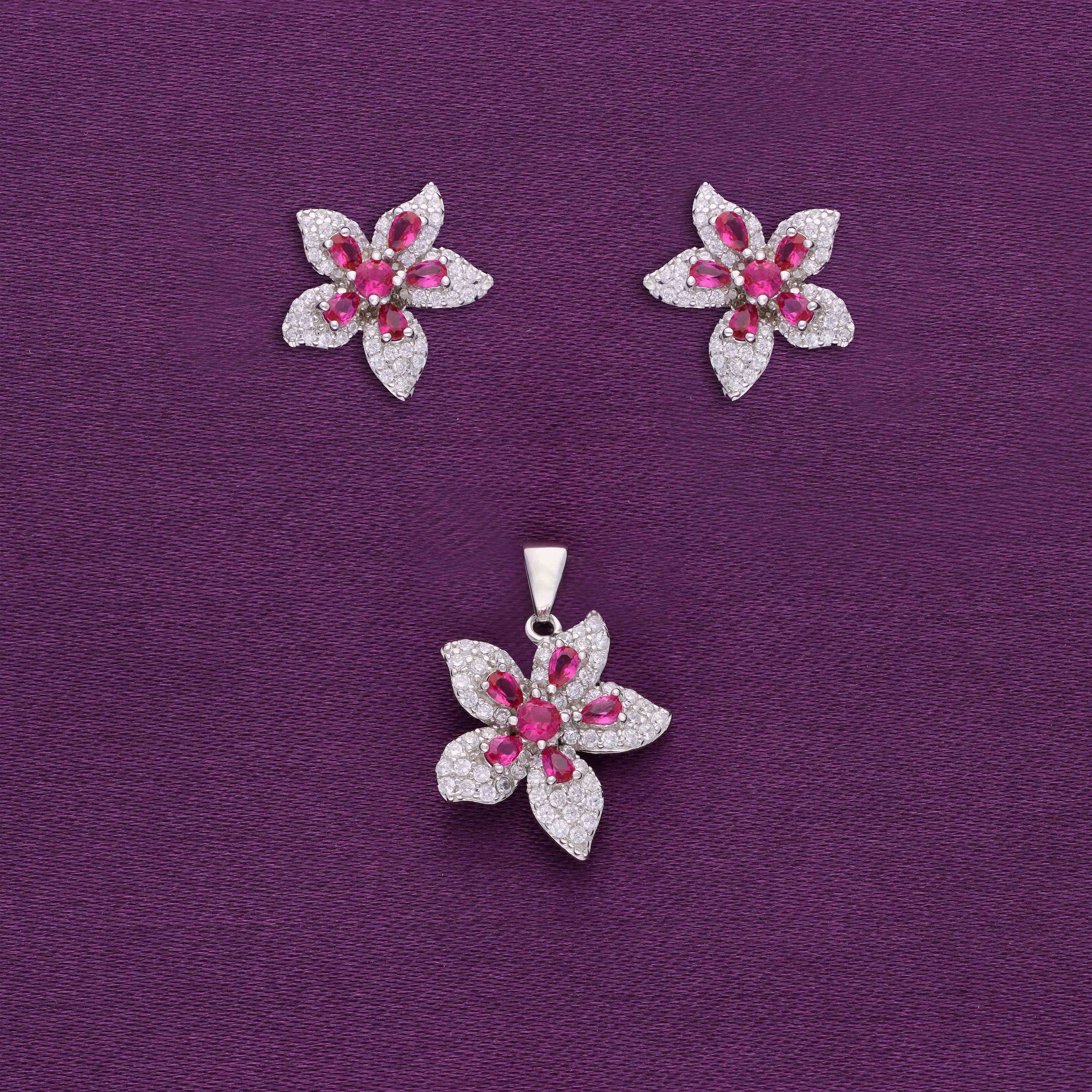 Shimmering Blossoms Zircon Silver Pendant & Earrings Set - Image 3
