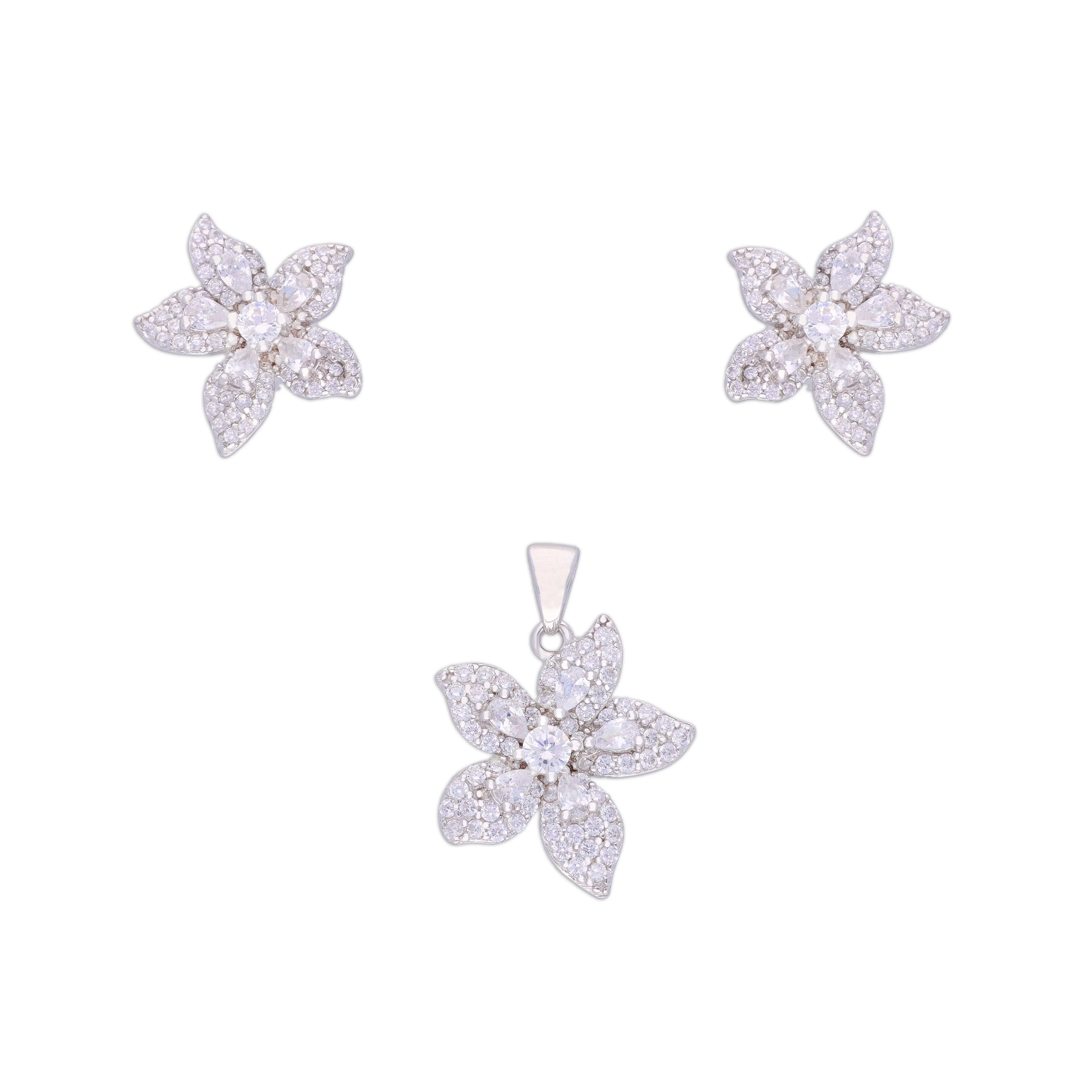 Shimmering Blossoms Zircon Silver Pendant & Earrings Set - Image 5