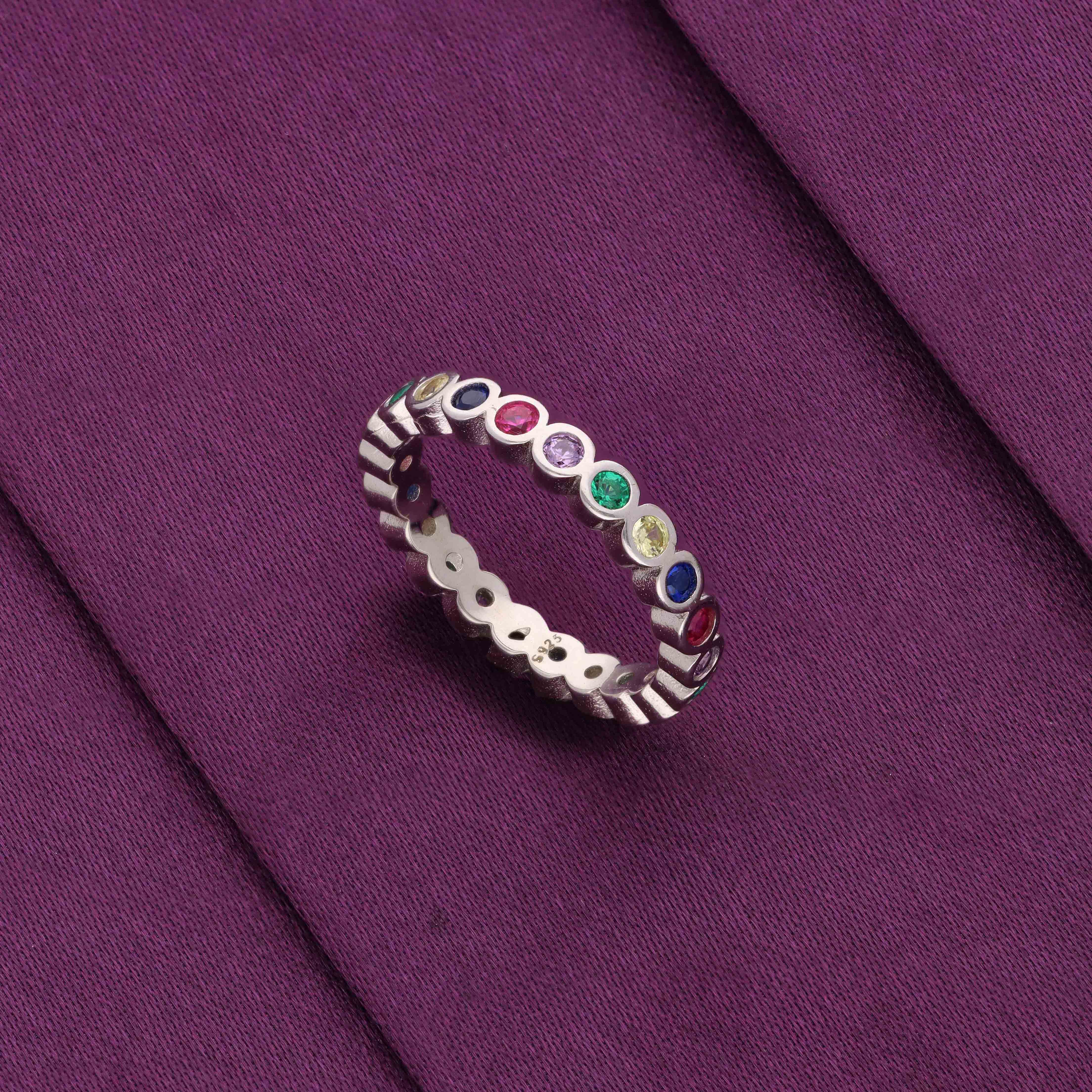 Elegant Multi-Colored Gemstone Eternity Silver Band Ring - Image 3