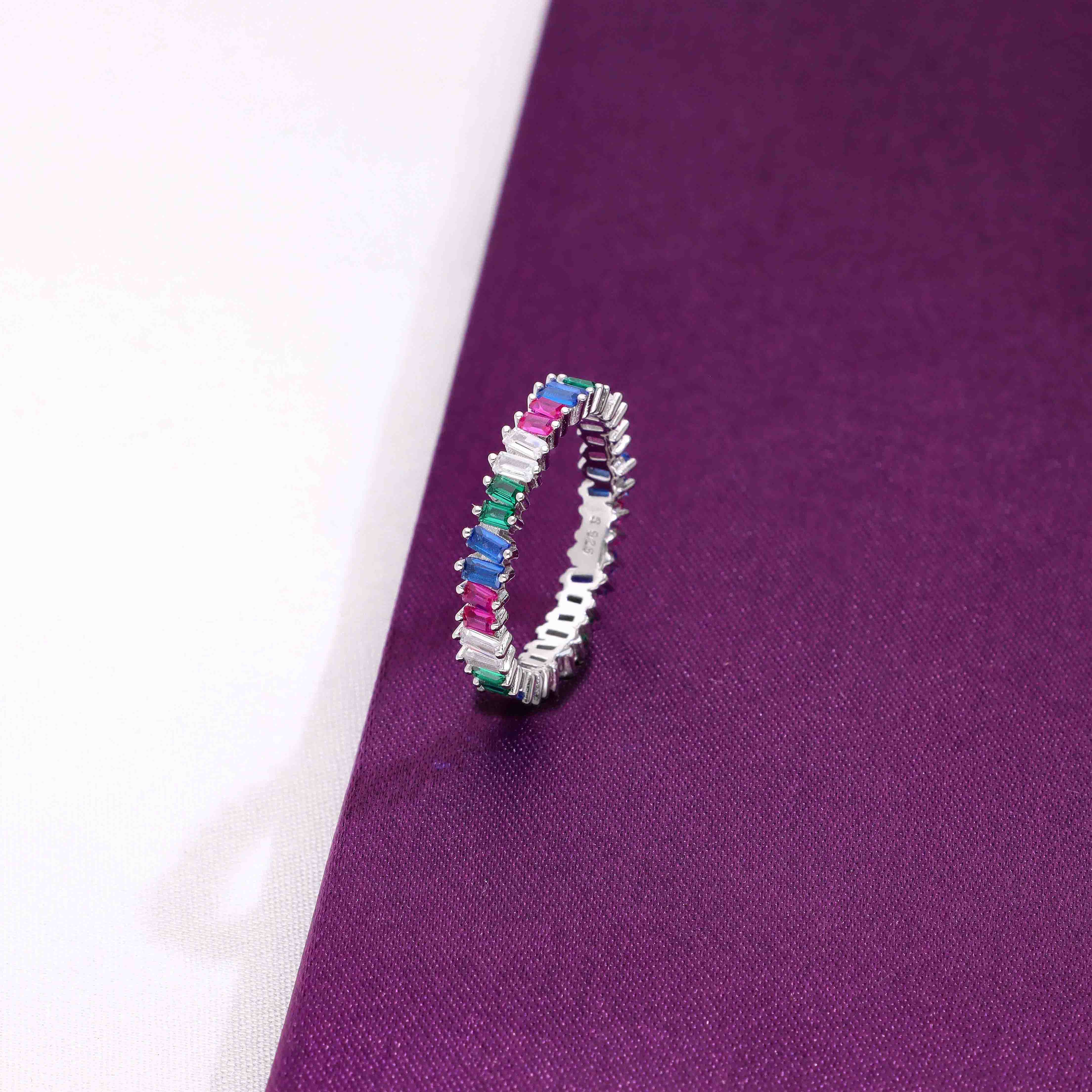 Crystalline Charm Baguette Band Silver Ring - Image 4
