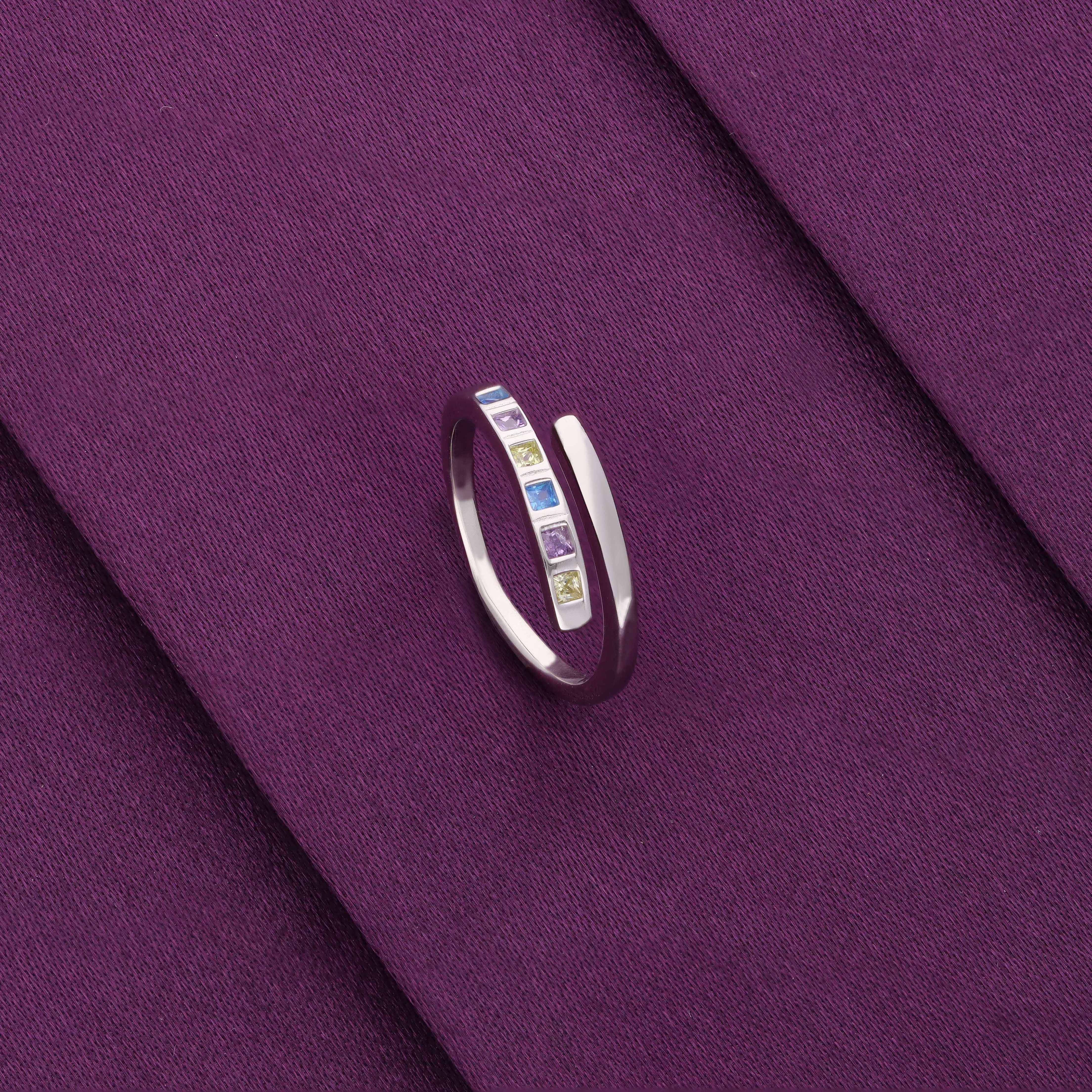 Multi-Colored Gemstones Elegant Split Band Silver Ring - Image 2