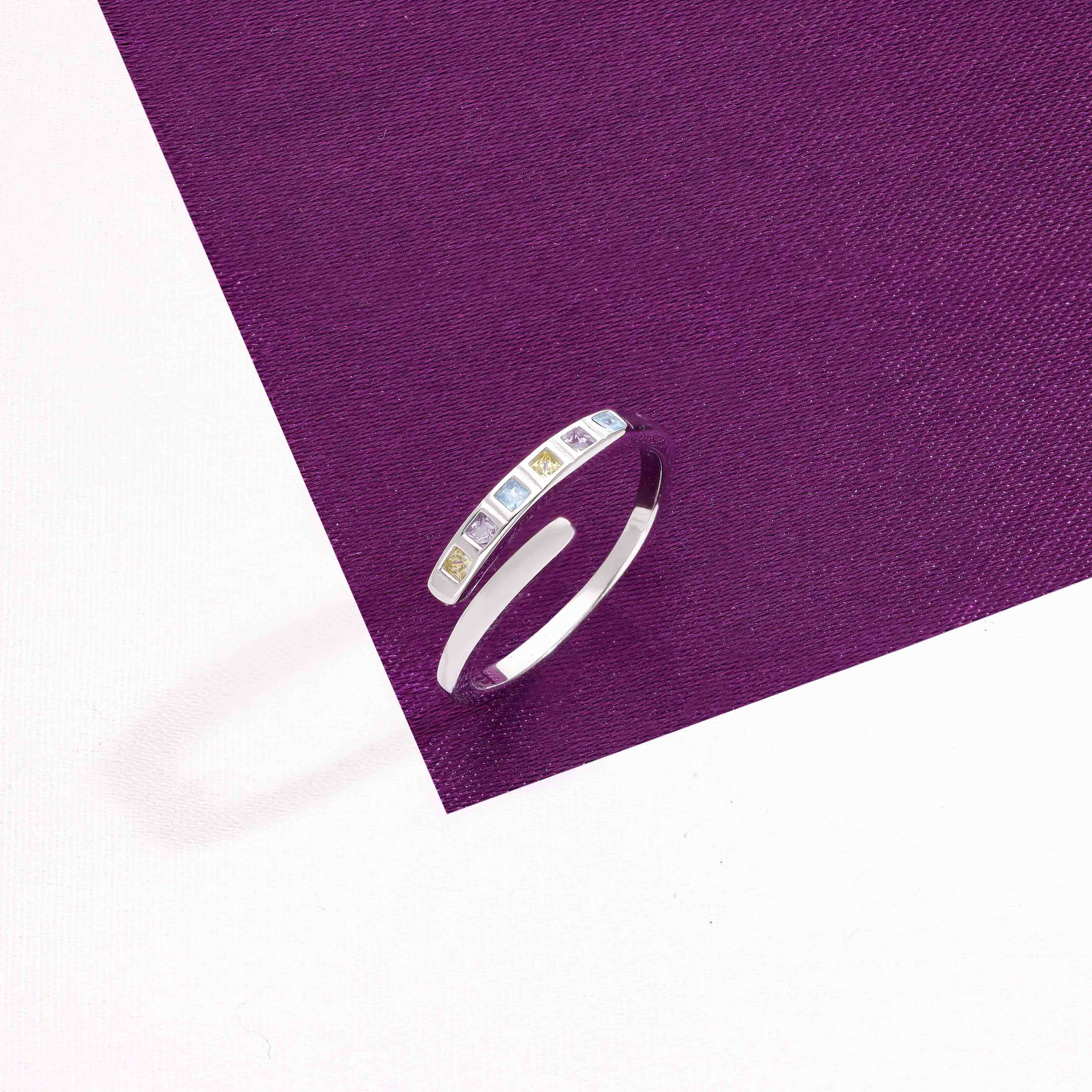Multi-Colored Gemstones Elegant Split Band Silver Ring - Image 3