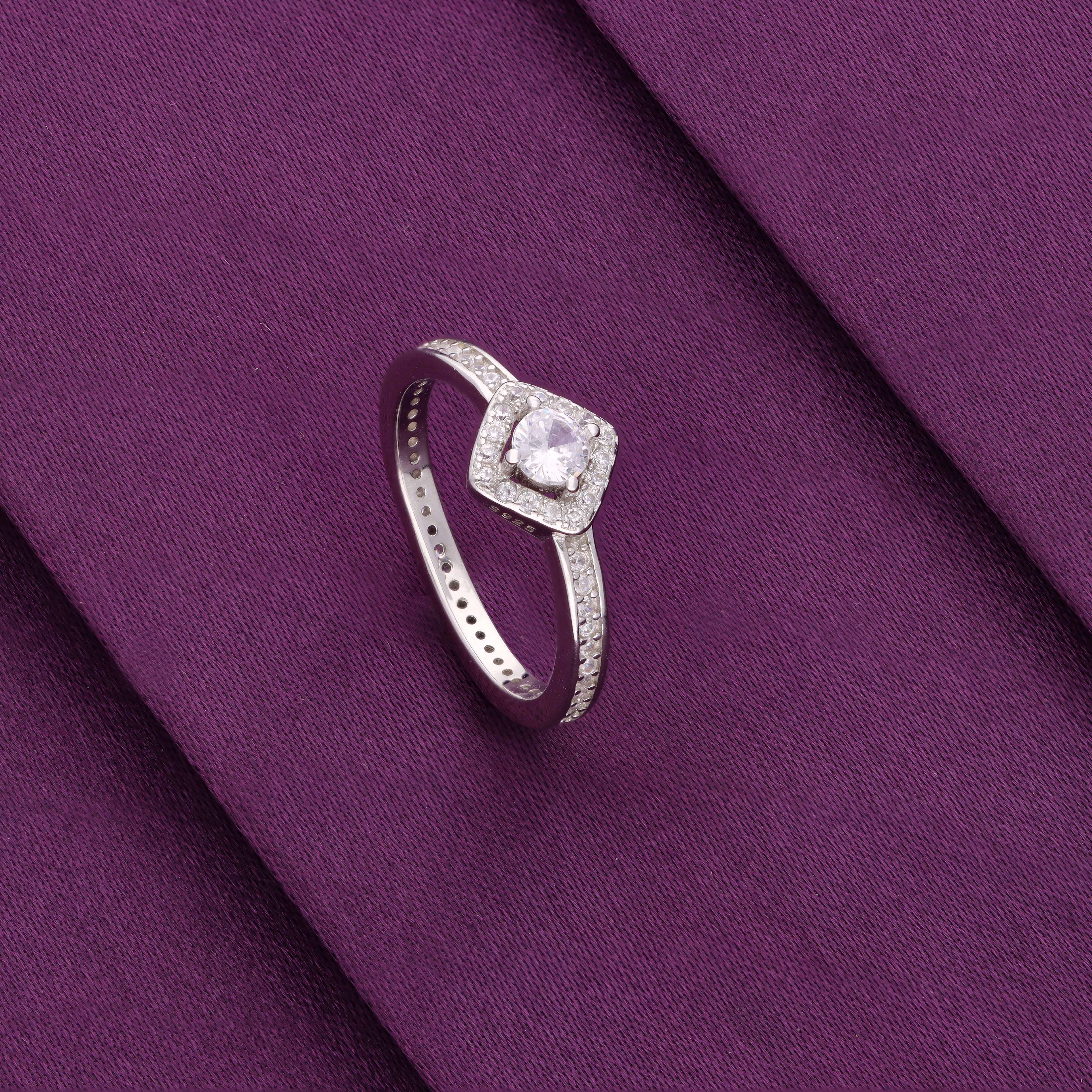 Elegant Diamond Halo Solitaire Silver Ring - Image 3