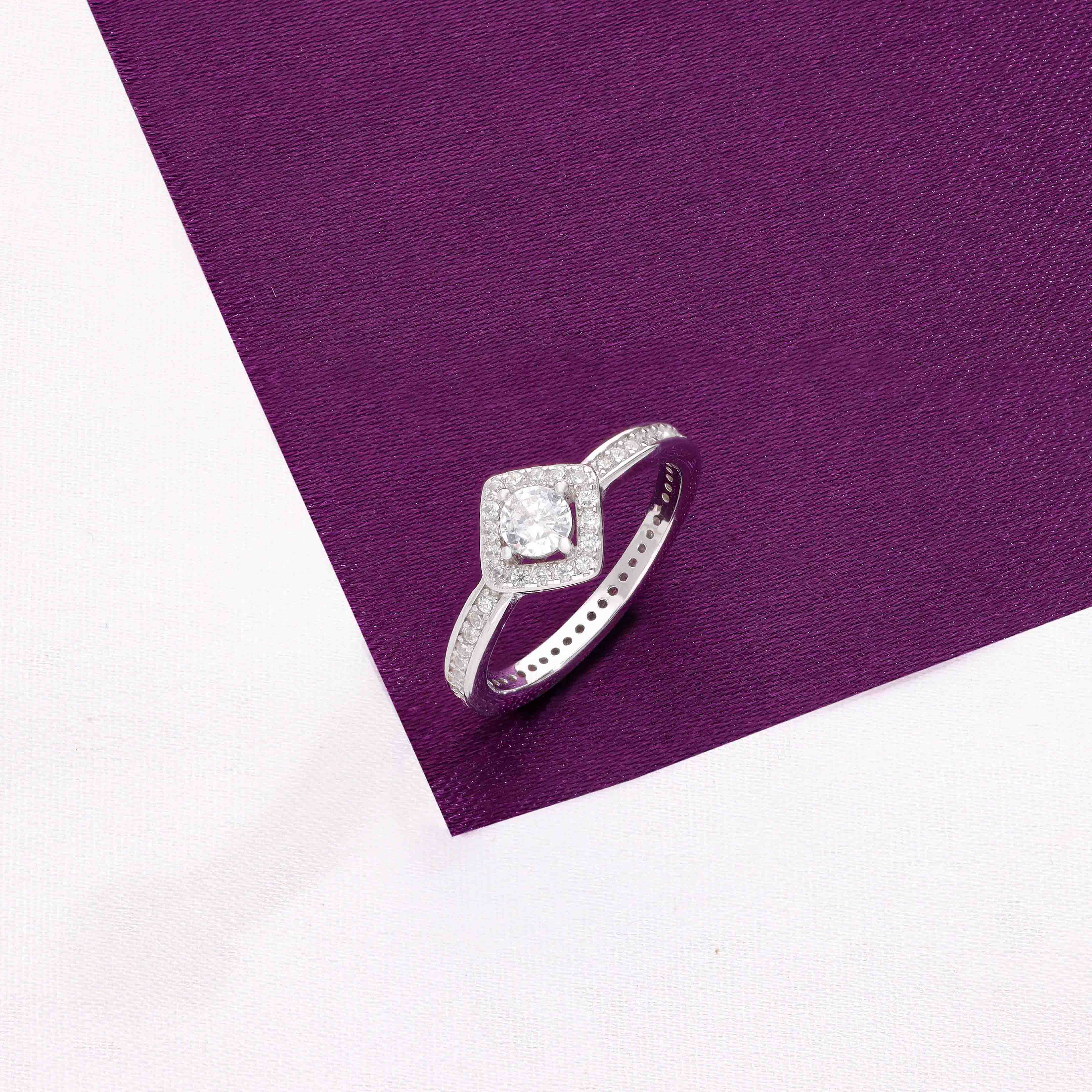 Elegant Diamond Halo Solitaire Silver Ring - Image 5