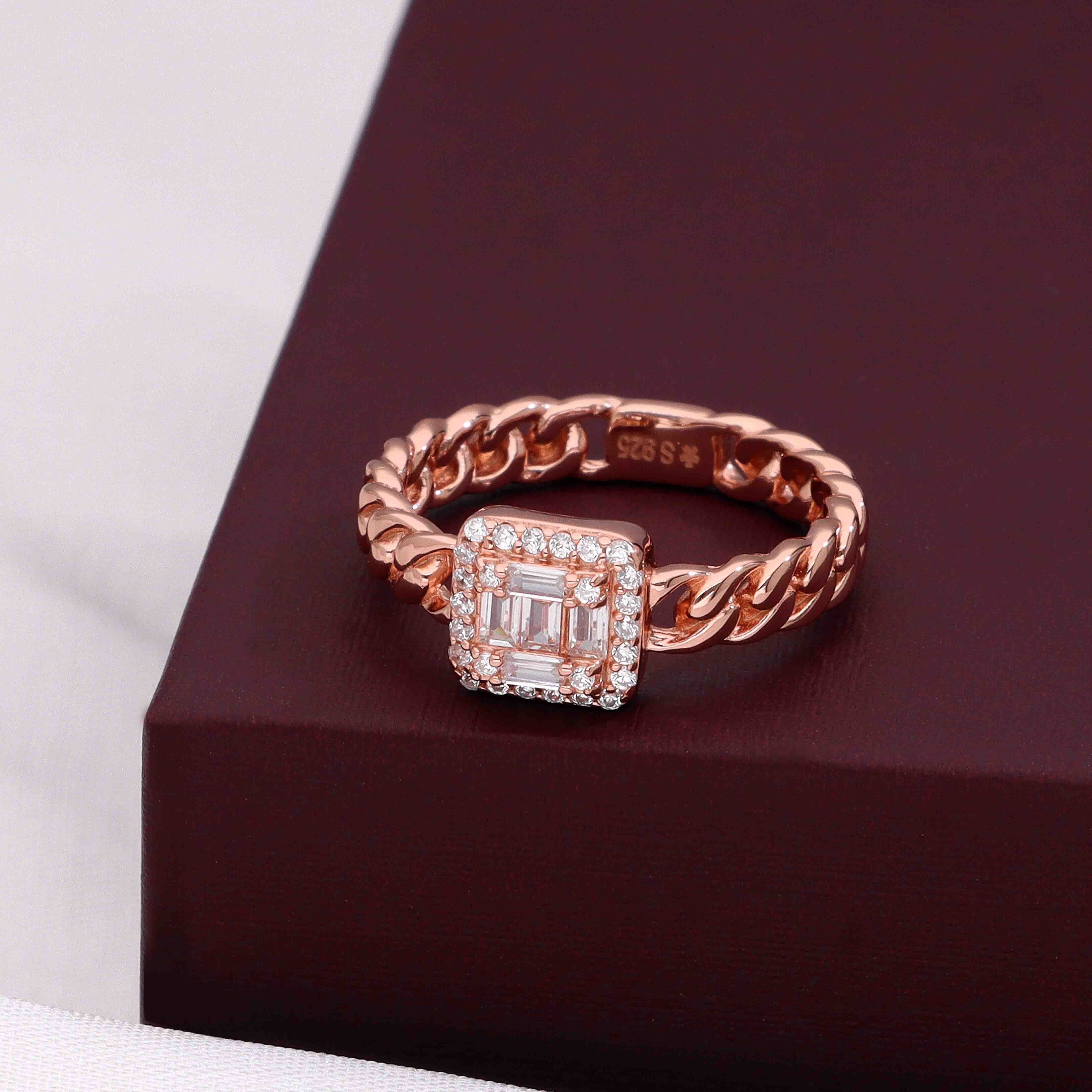 Sterling Silver Chain Band Emerald-Cut Simulated Halo Ring - Image 2