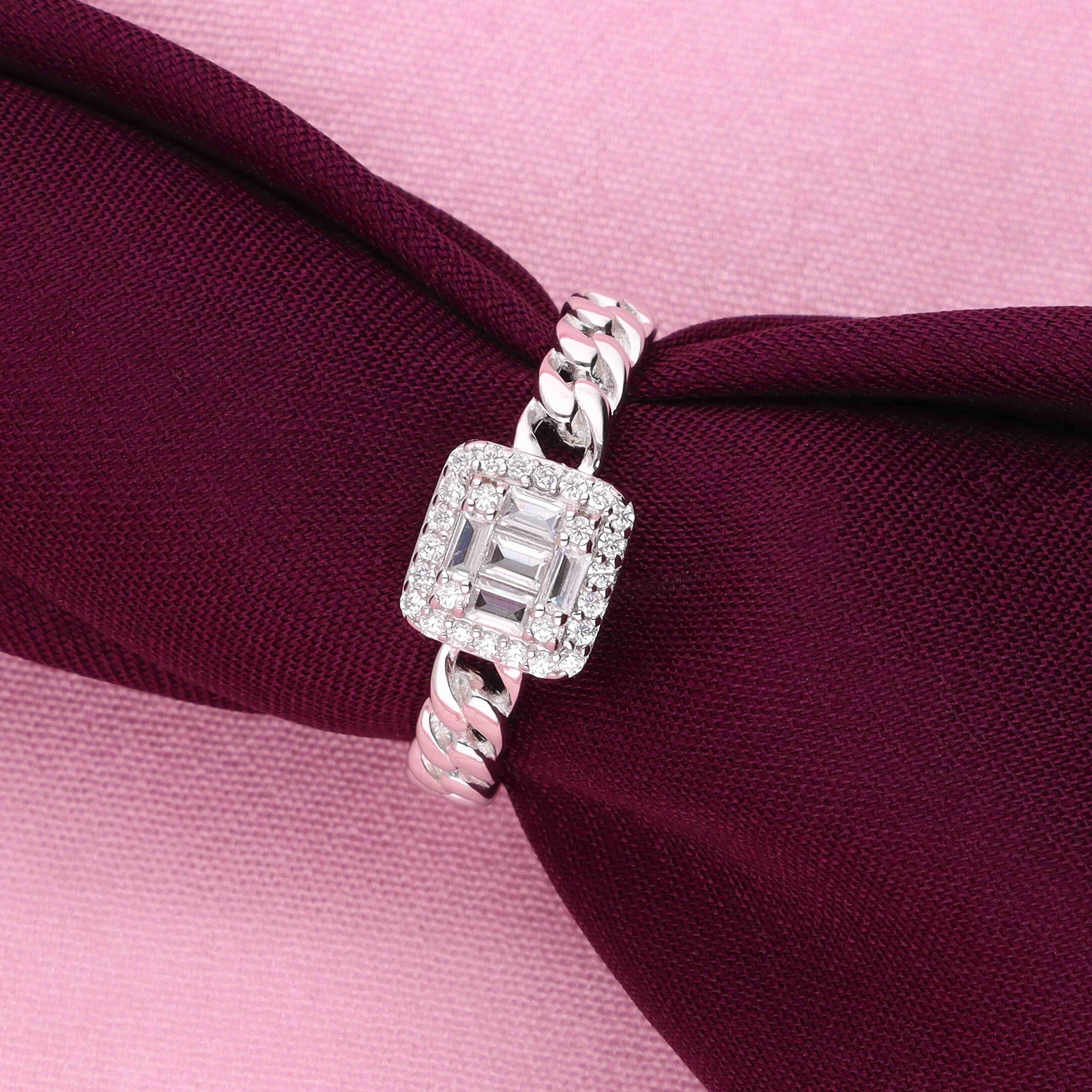 Sterling Silver Chain Band Emerald-Cut Simulated Halo Ring - Image 3