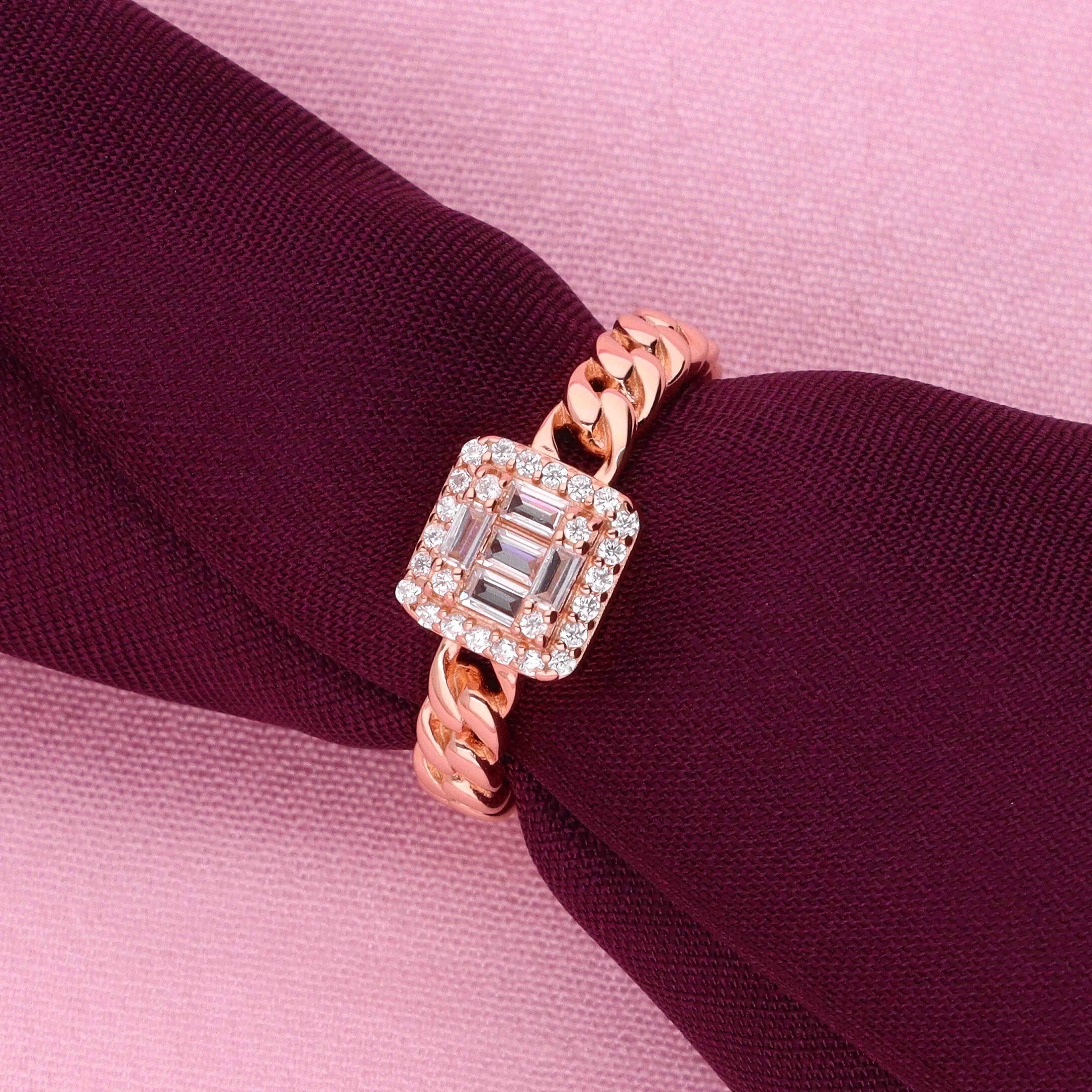 Sterling Silver Chain Band Emerald-Cut Simulated Halo Ring - Image 4
