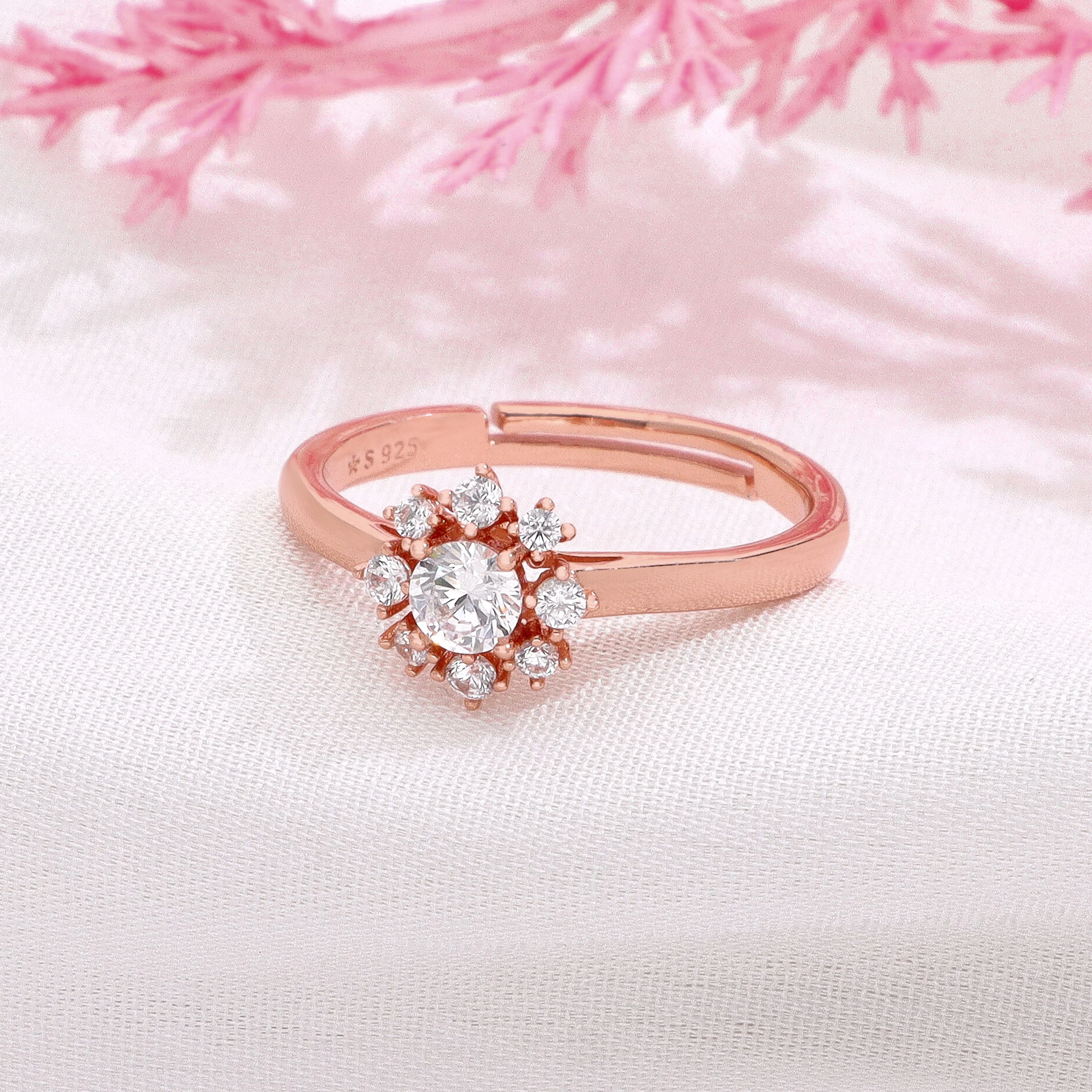 Sparkling Floral Solitaire Adjustable Silver Ring - Image 4