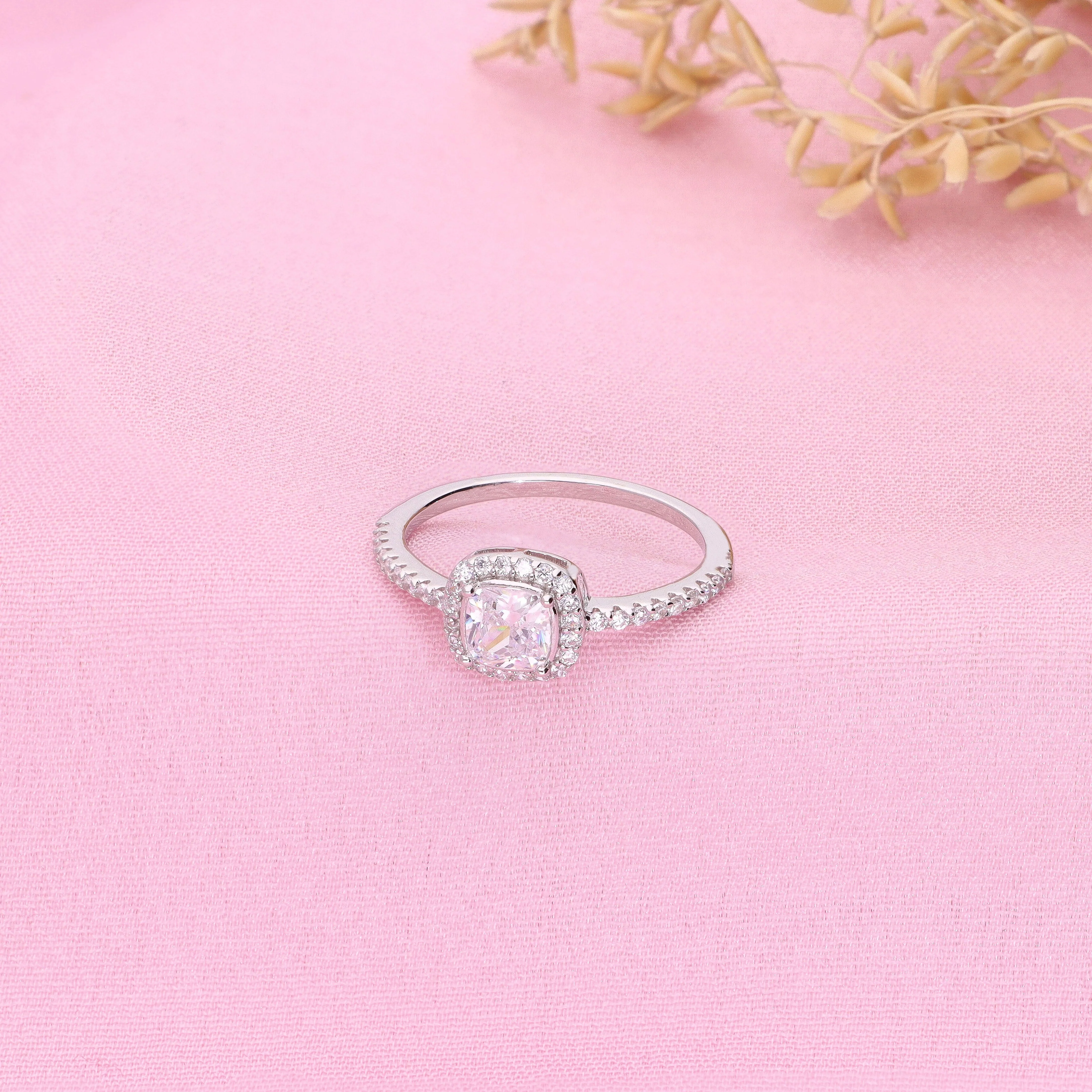 Cushion-Cut Halo Silver Solitaire Ring - Image 2