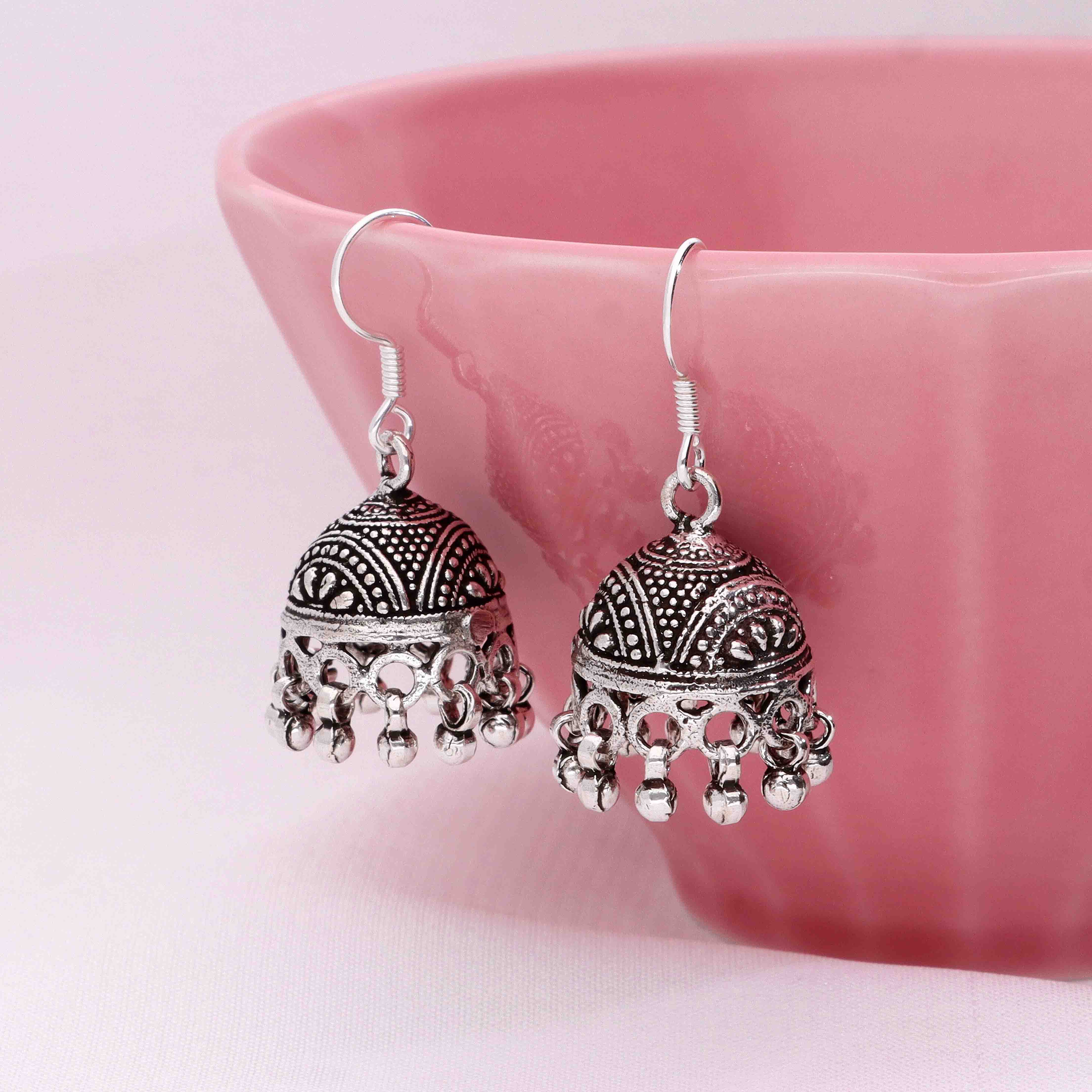 Aesthetic Dome Silver Jhumki Earrings - Image 5