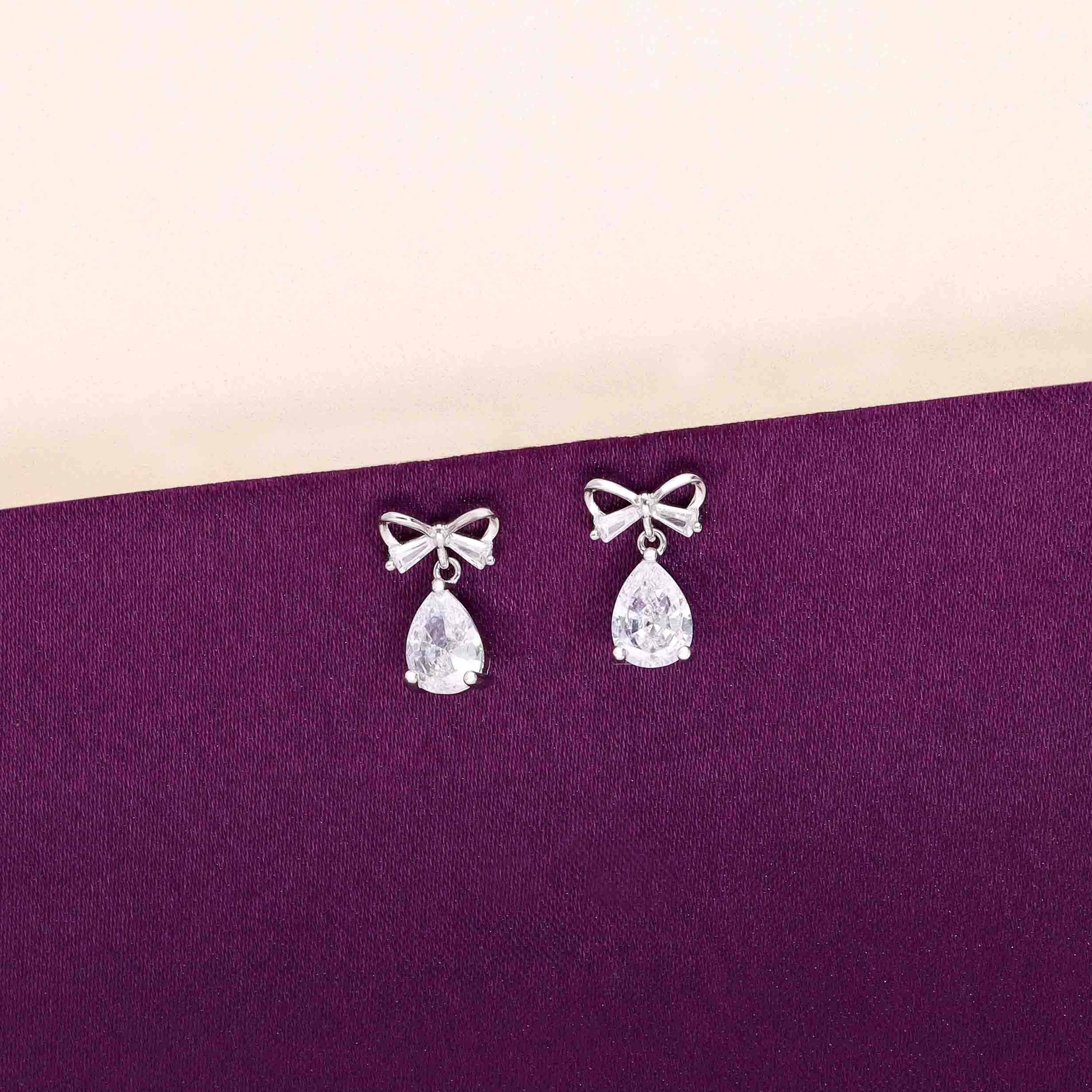 Zircon Studded Bow Teardrops Silver Drop Earrings - Image 5