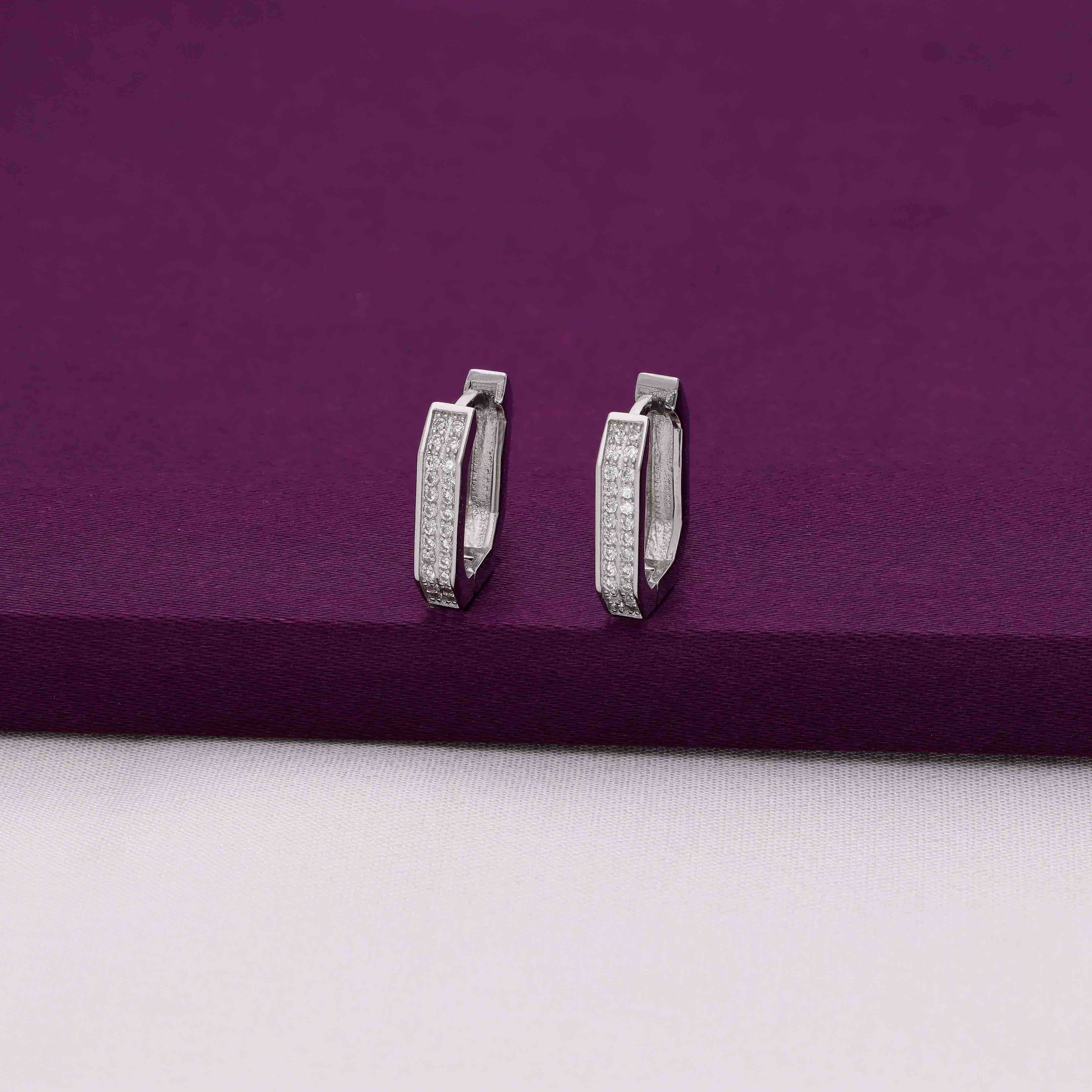 Sparkling Square Silver Hoop Earrings - Image 7