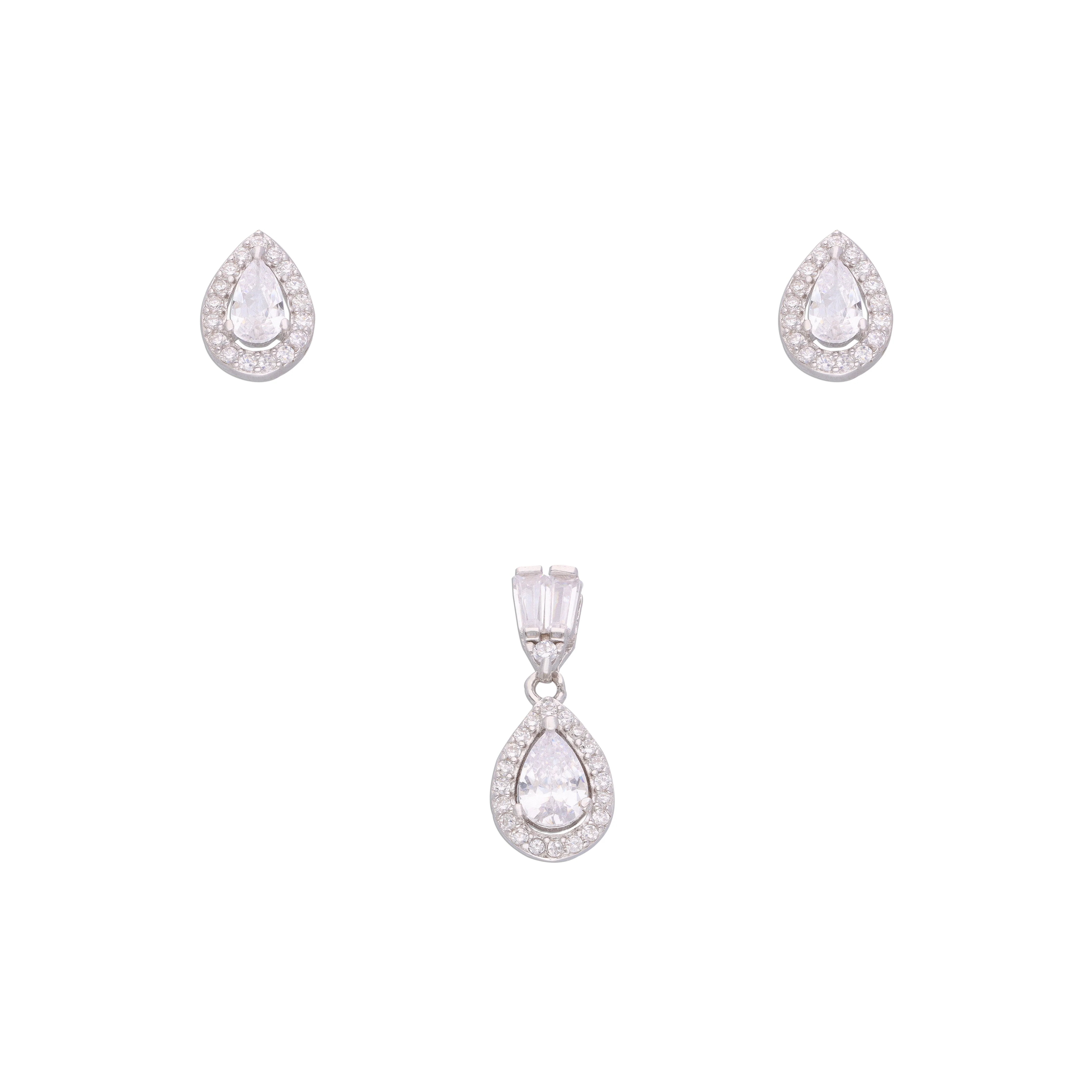 Double Tear Drop Zircon Silver Pendant & Earrings Set - Image 3