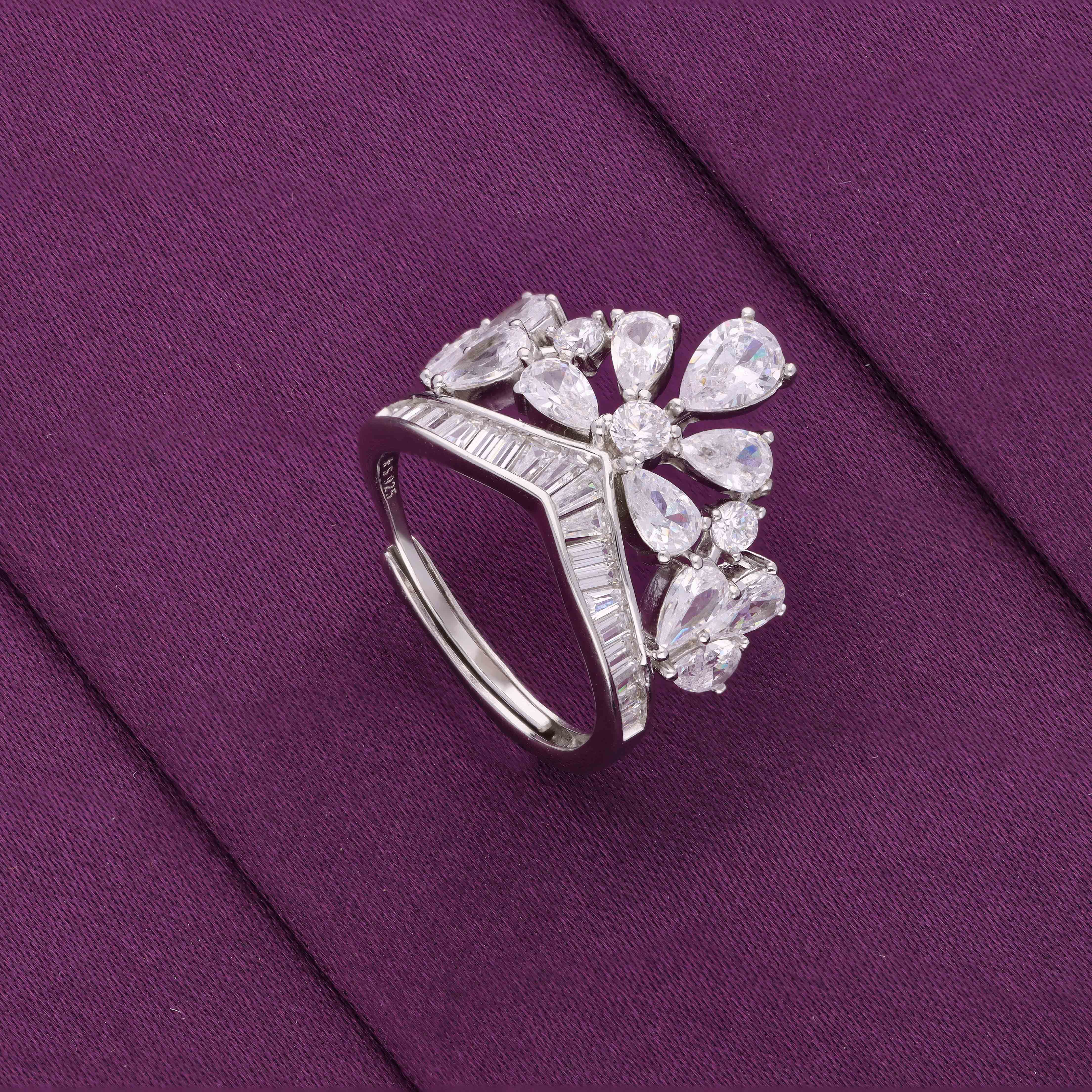 Statement Crown Zircon Studded Silver Ring - Image 4